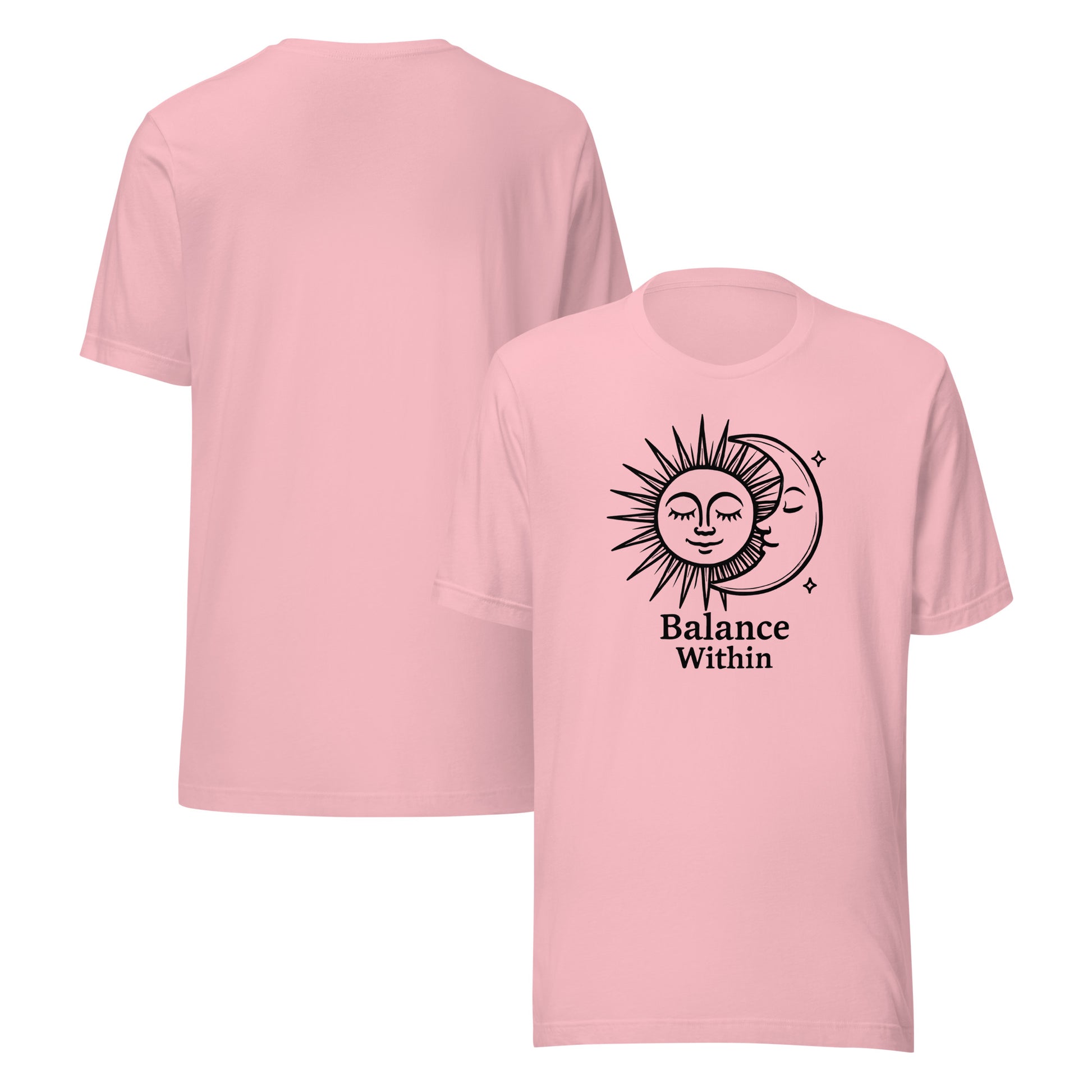 Pink t-shirt with 'Balance Within' design on a white background