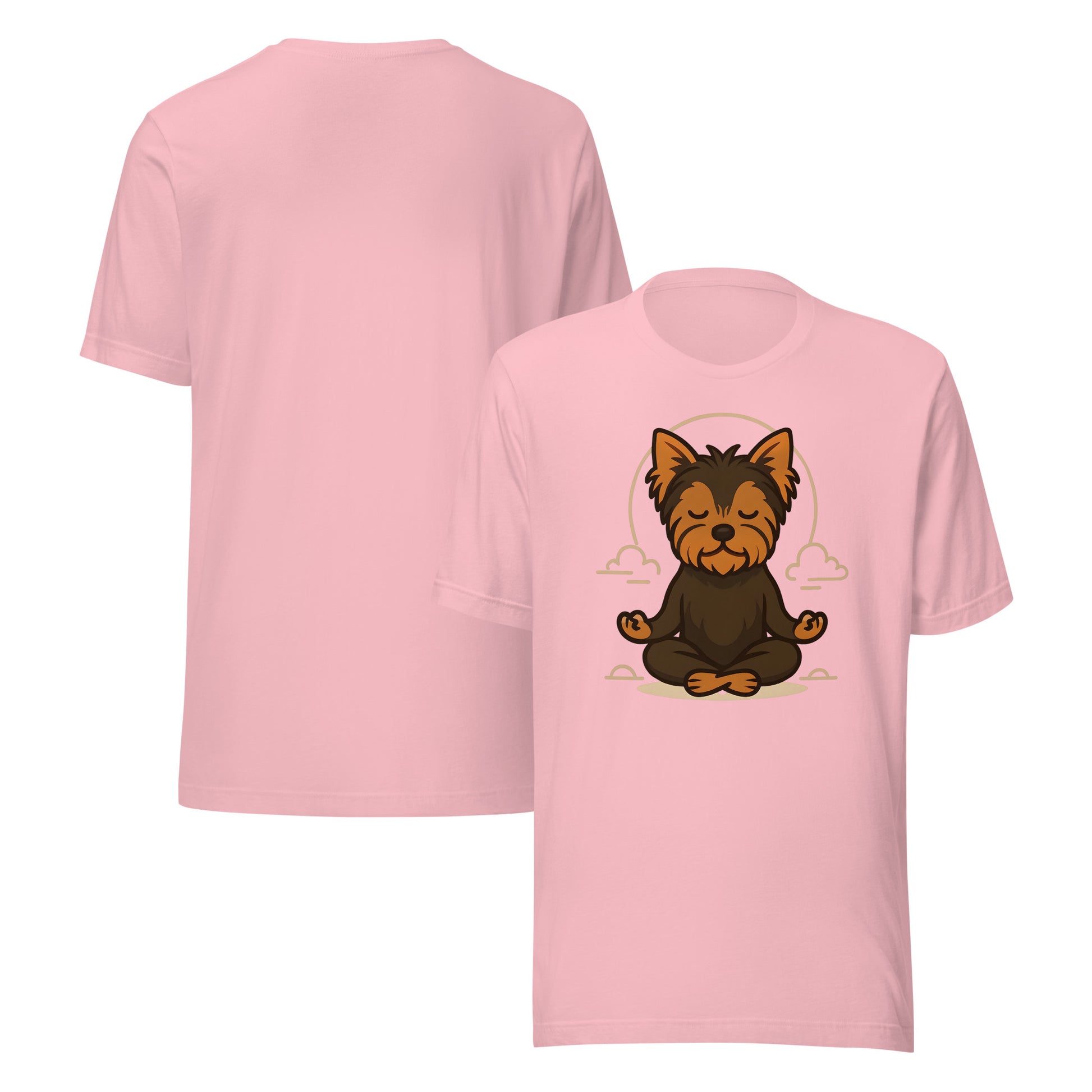 front and back of pink Meditating Yorkie T-Shirt – Mindful Dog Lover Gift