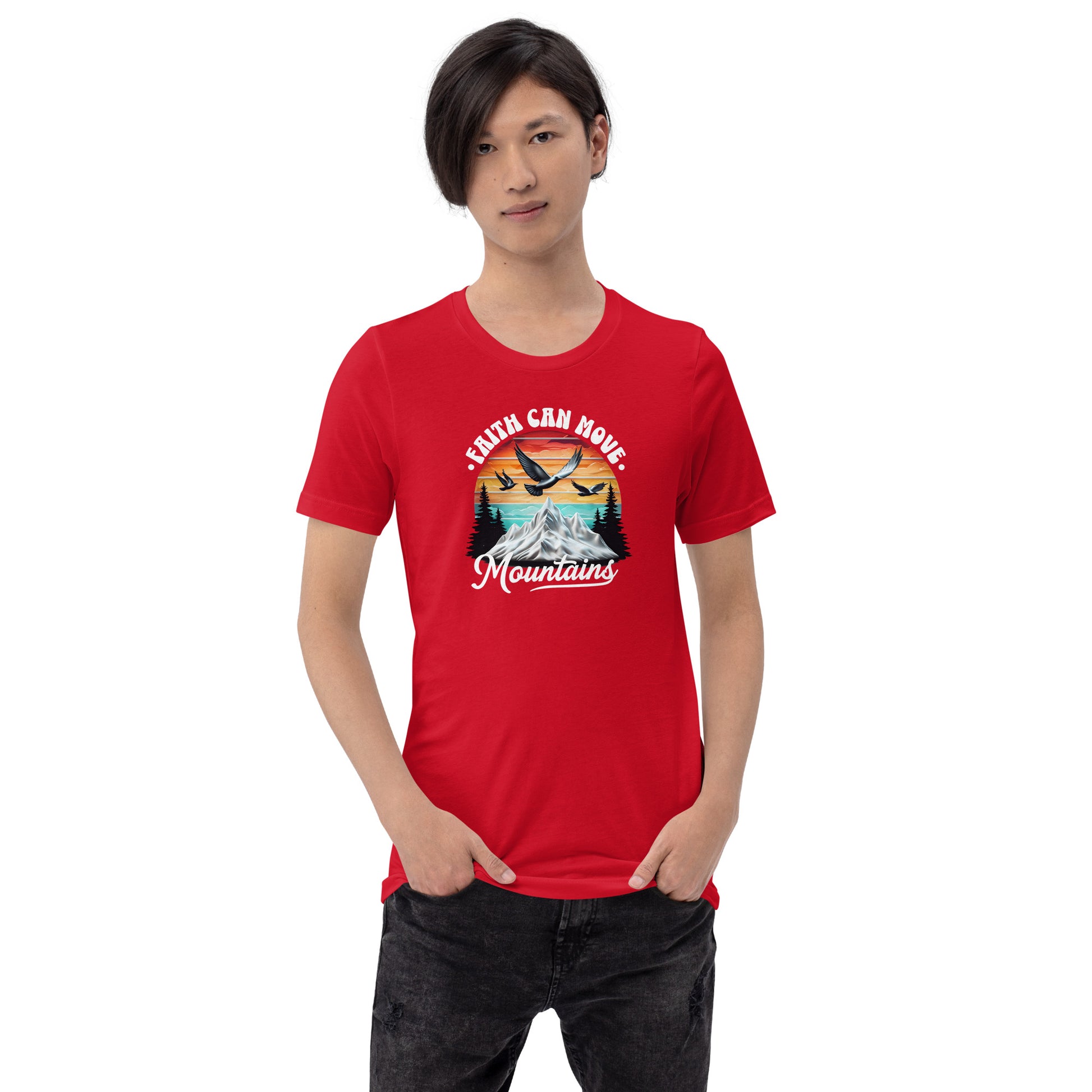 Person wearing a red t-shirt with a graphic design on a white background