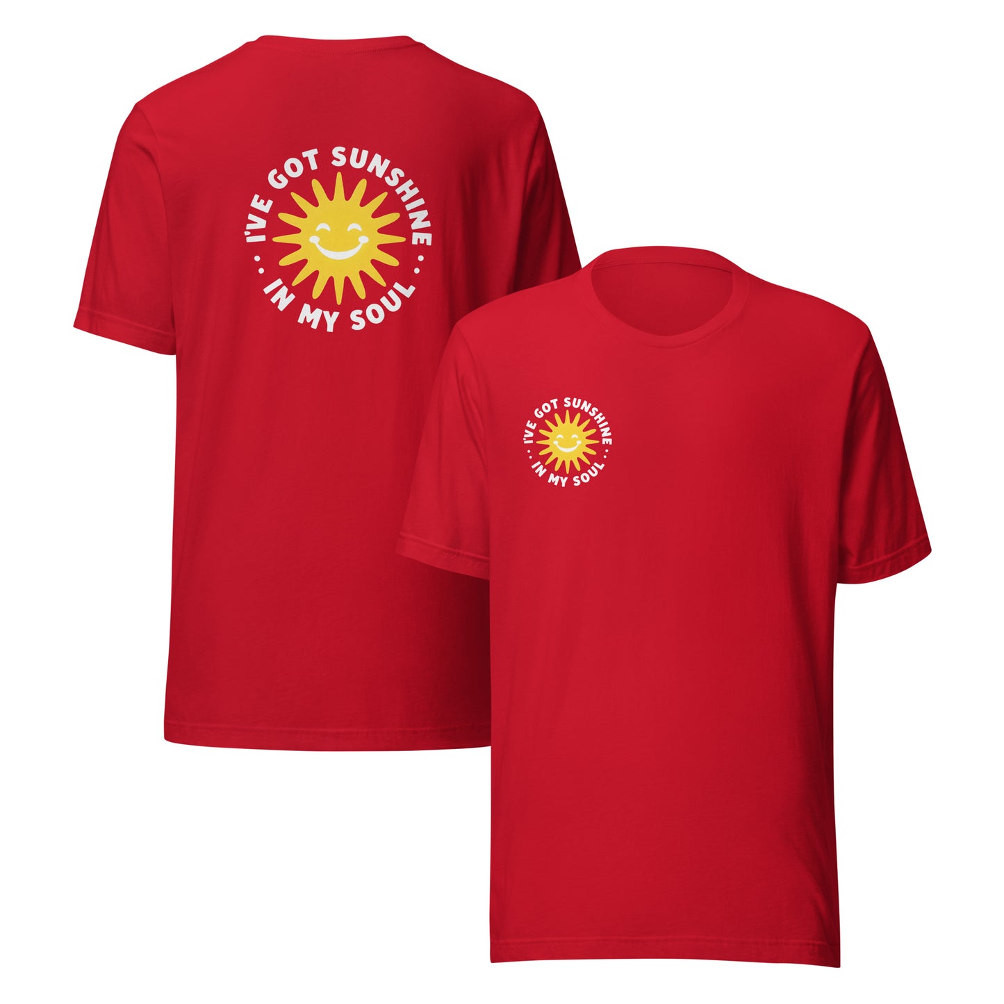 Red t-shirt with I've got sunshine in my soul graphic and text on the front and back