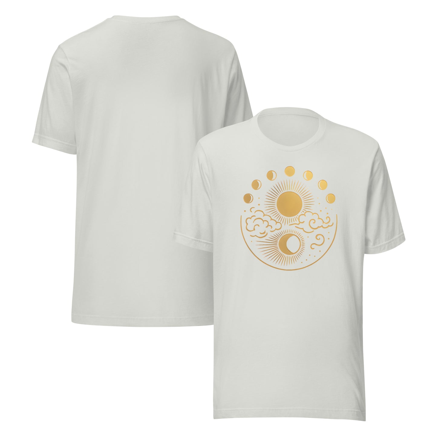 Silver t-shirt with gold sun and moon design on a white background