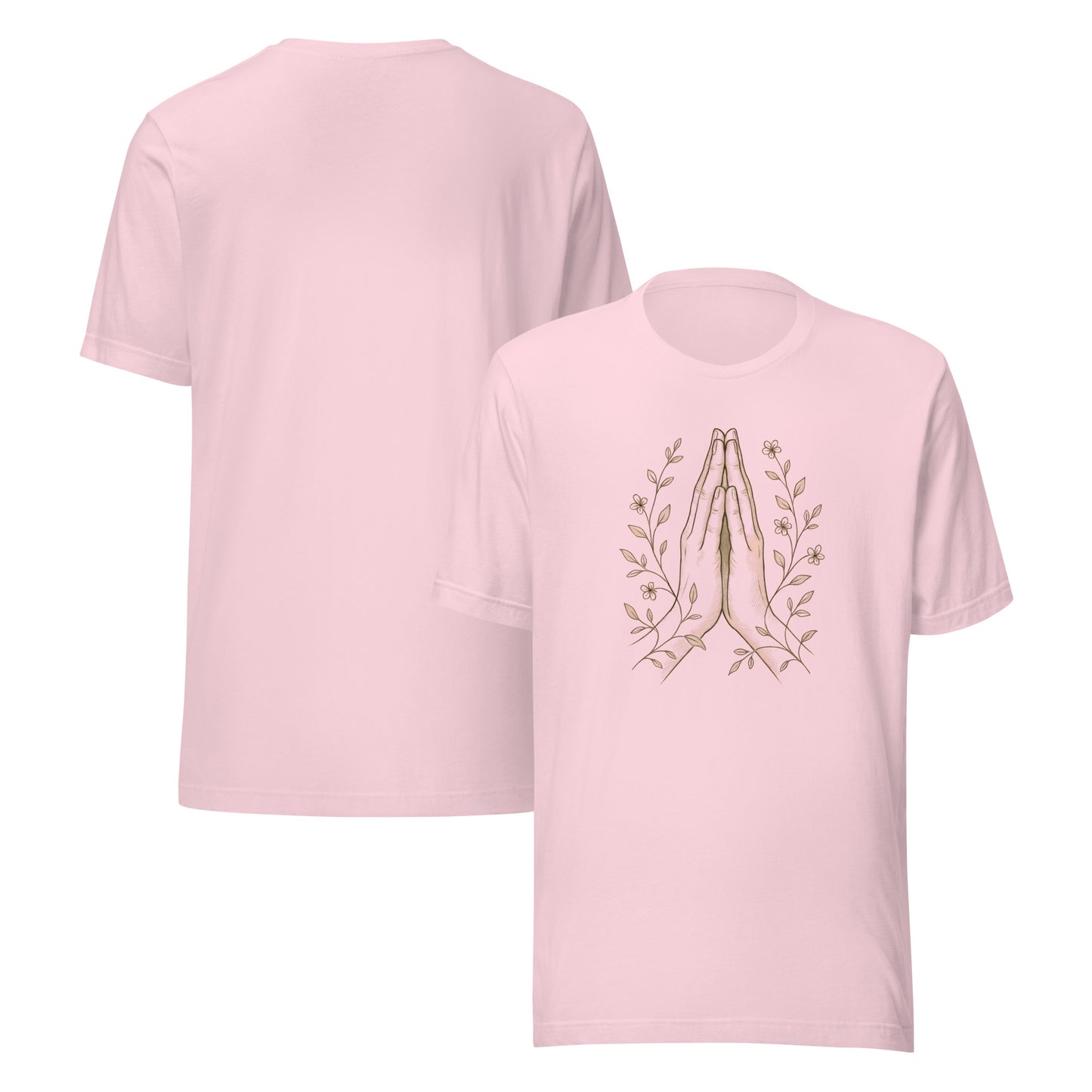 front and back of pink Namaste Hands T-Shirt – Unisex Spiritual Tee with Floral Design