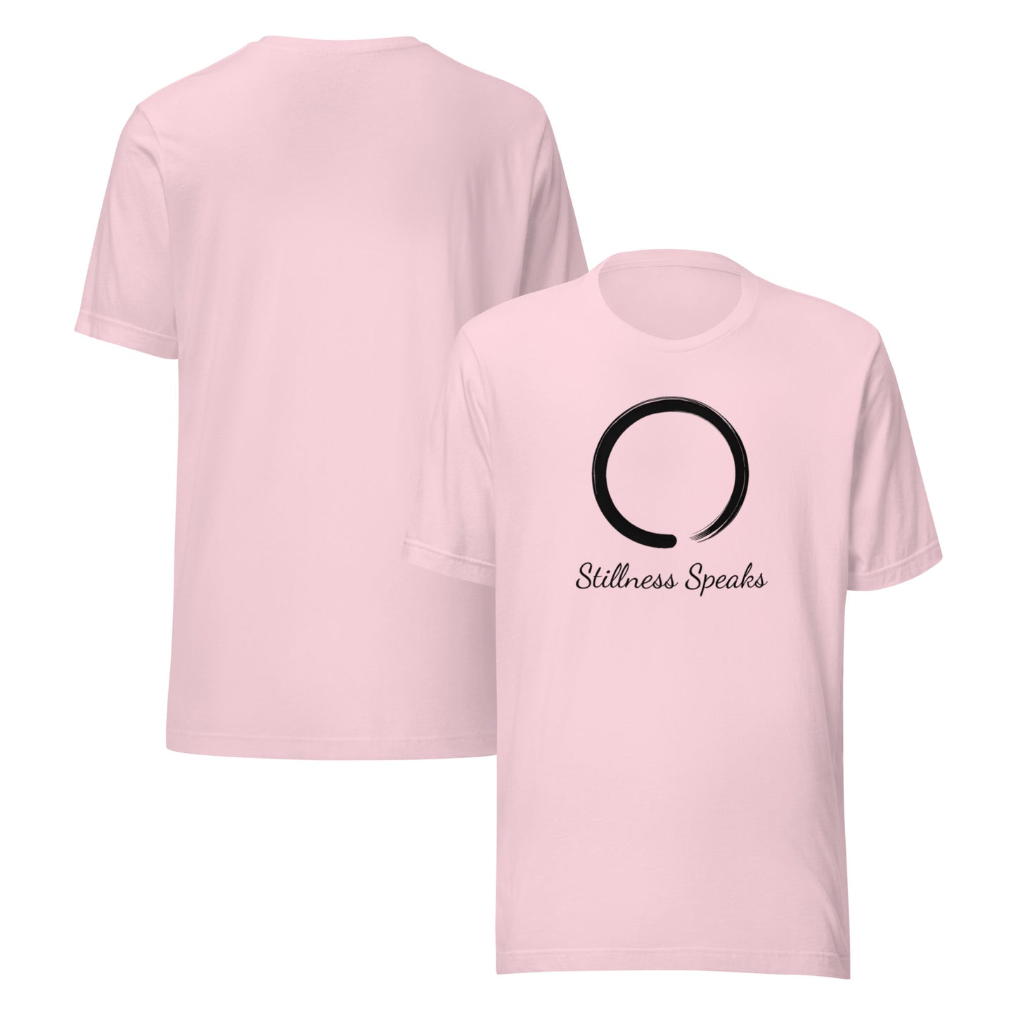 front and back of pink Stillness Speaks T-Shirt – Unisex Zen-Inspired Spiritual Tee