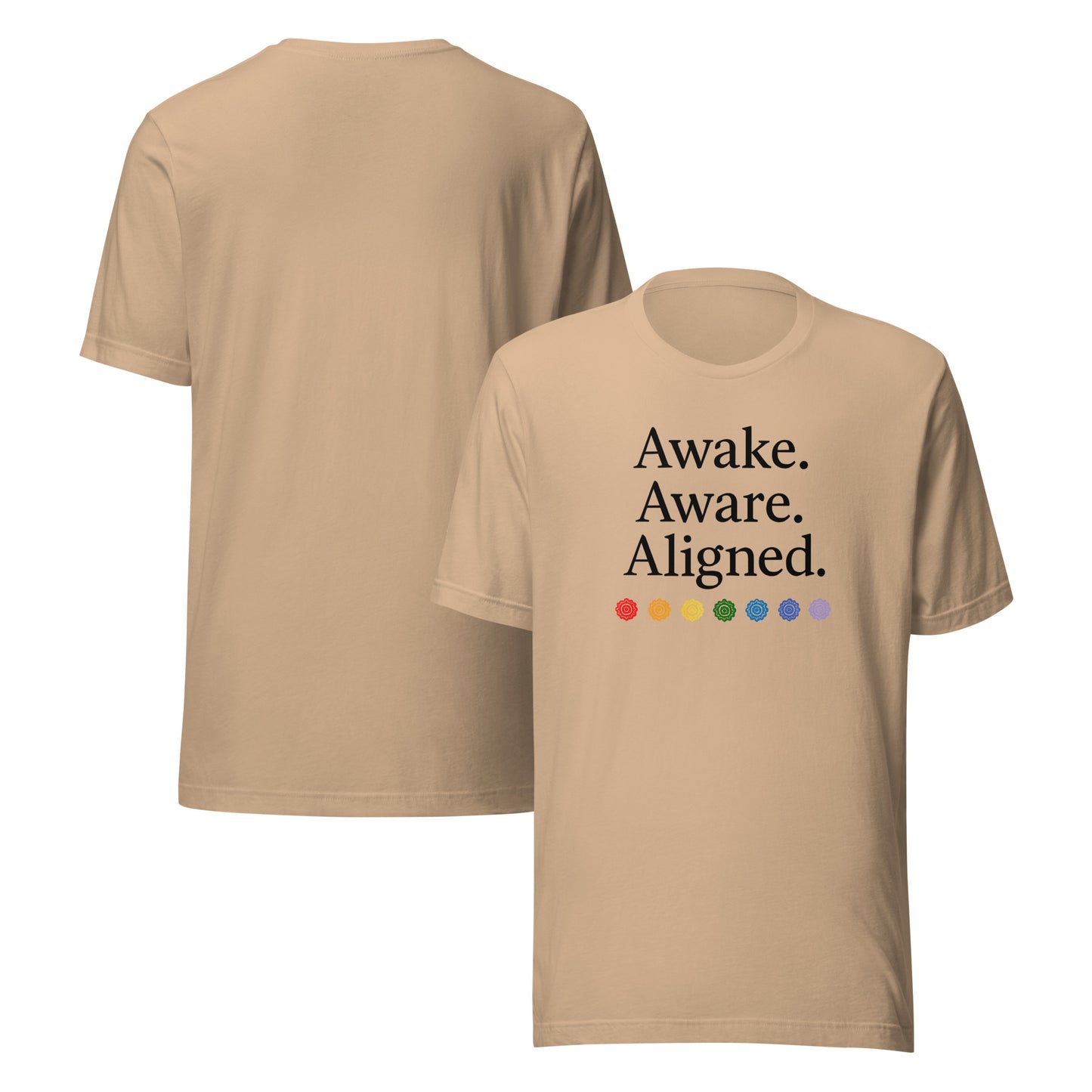 front and back of tan Awake. Aware. Aligned. Unisex Jersey T-Shirt – Mindful Statement Tee