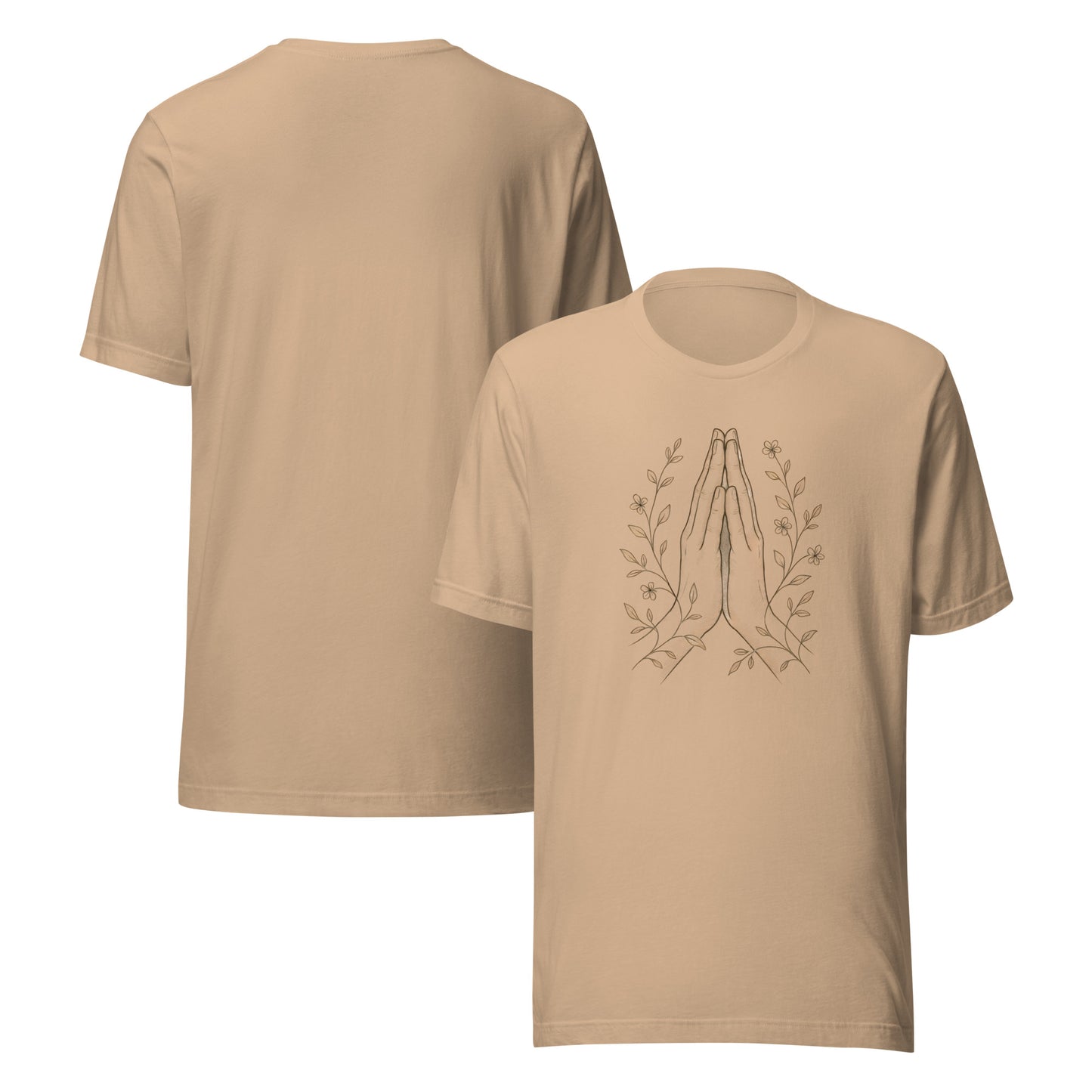 front and back of tan Namaste Hands T-Shirt – Unisex Spiritual Tee with Floral Design