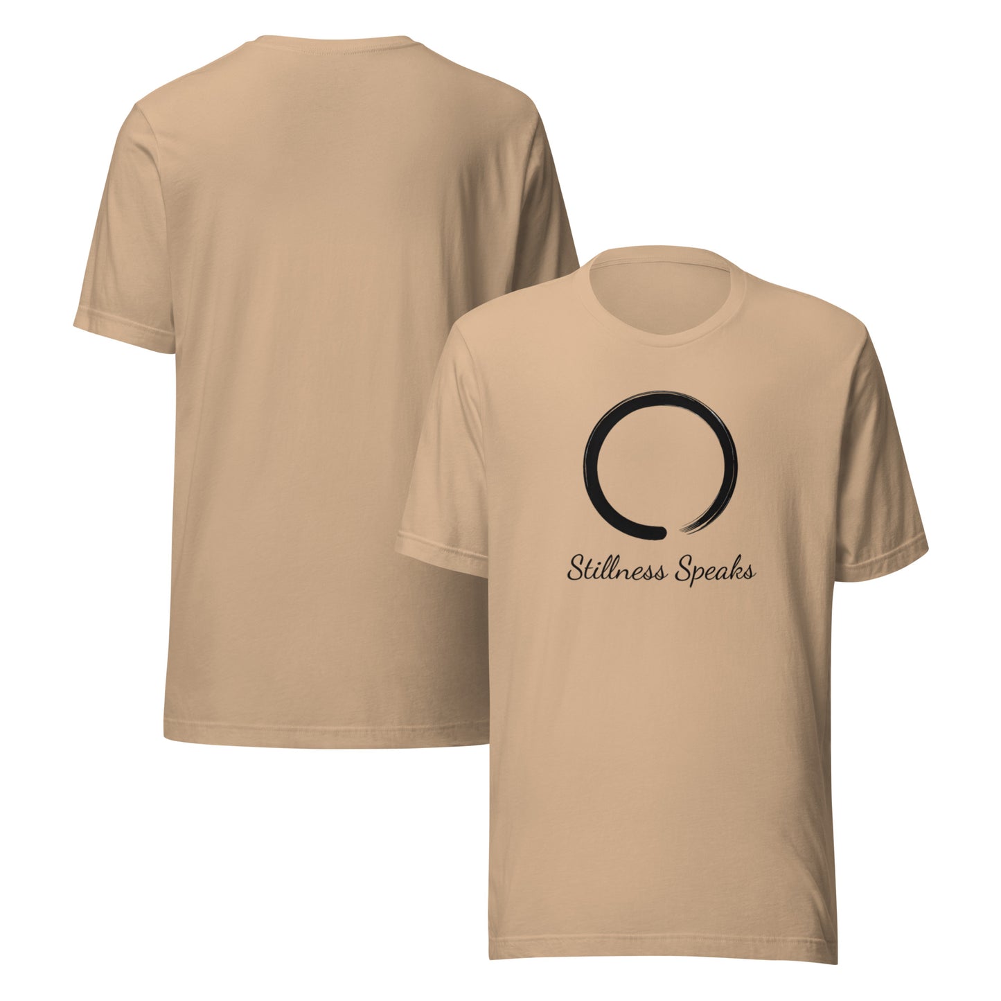 front and back of tan Stillness Speaks T-Shirt – Unisex Zen-Inspired Spiritual Tee