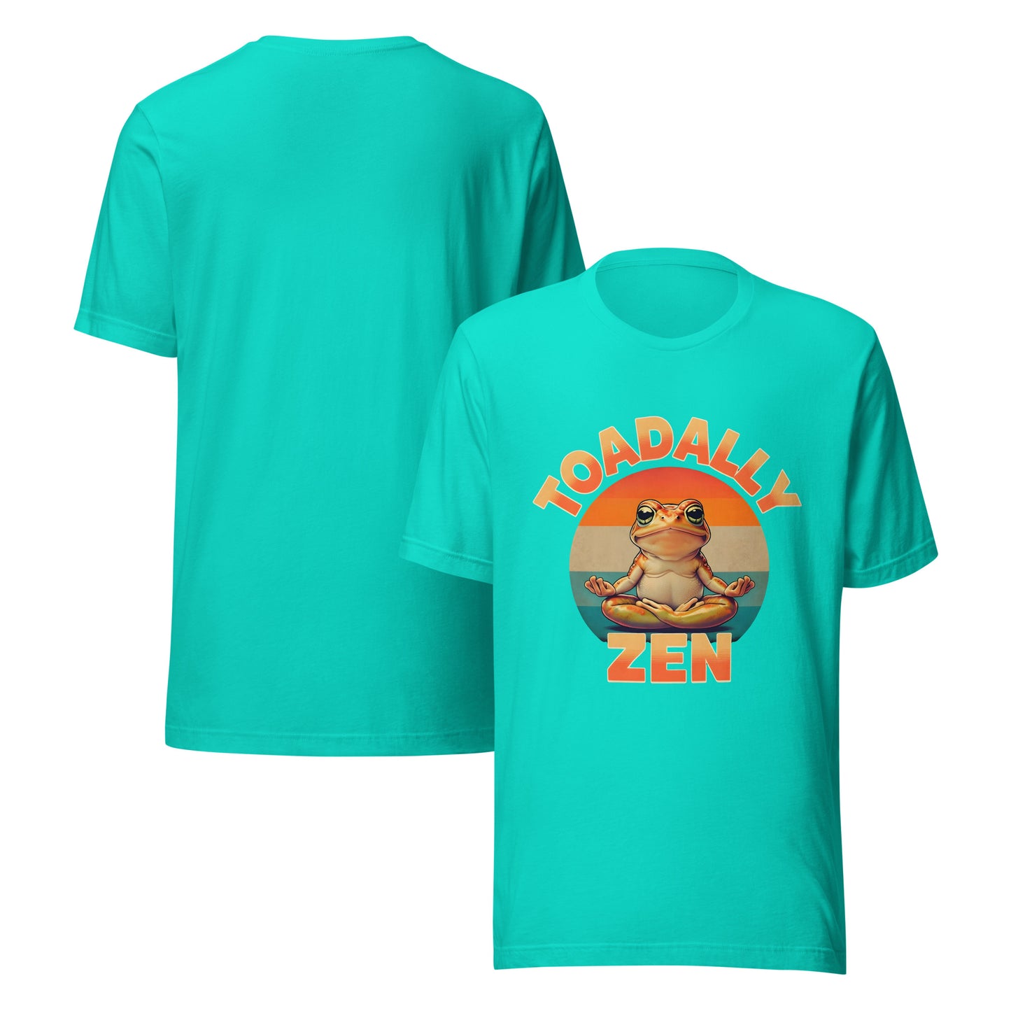 Turquoise t-shirt with a frog graphic and 'Toadally Zen' text on a white background