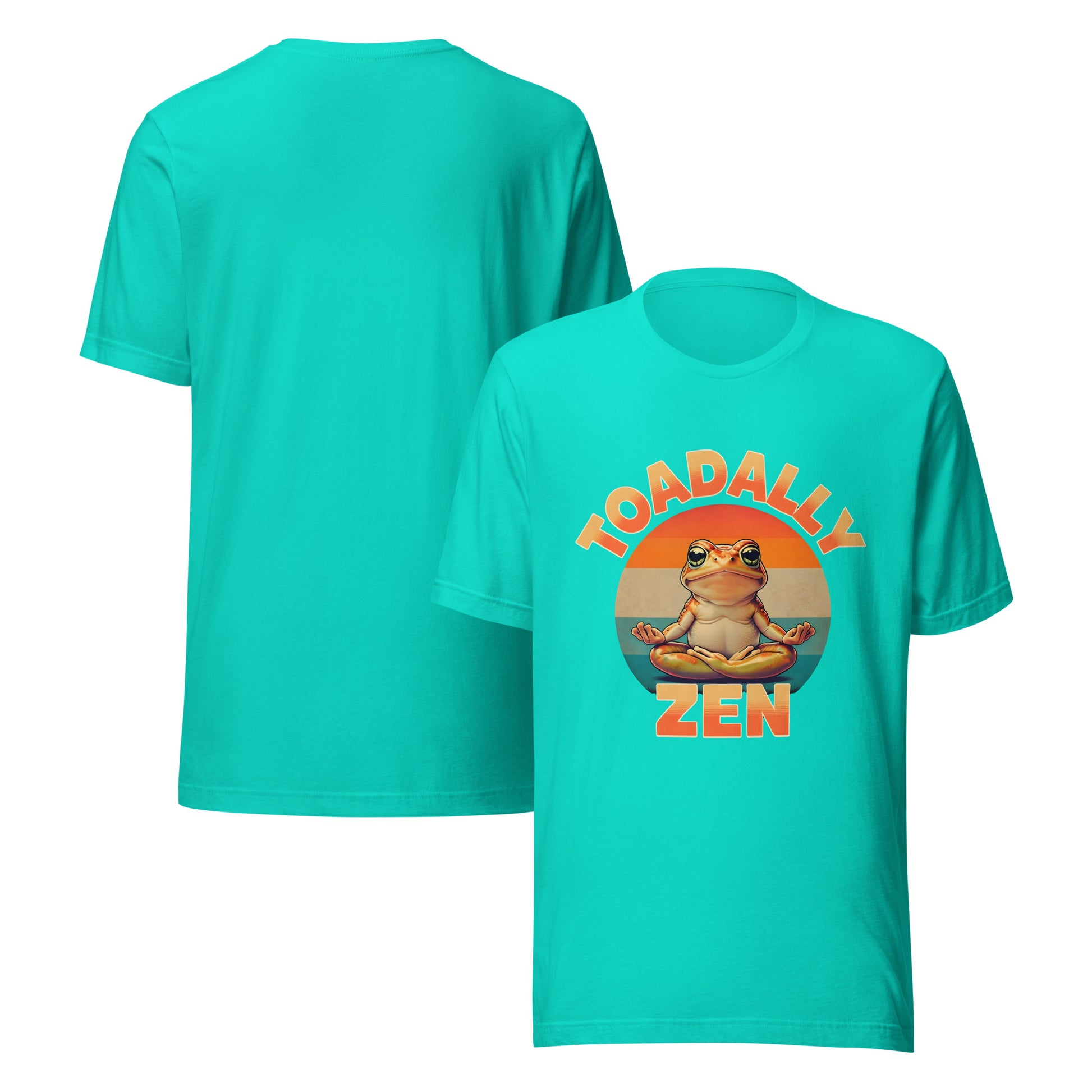 Turquoise t-shirt with a frog graphic and 'Toadally Zen' text on a white background