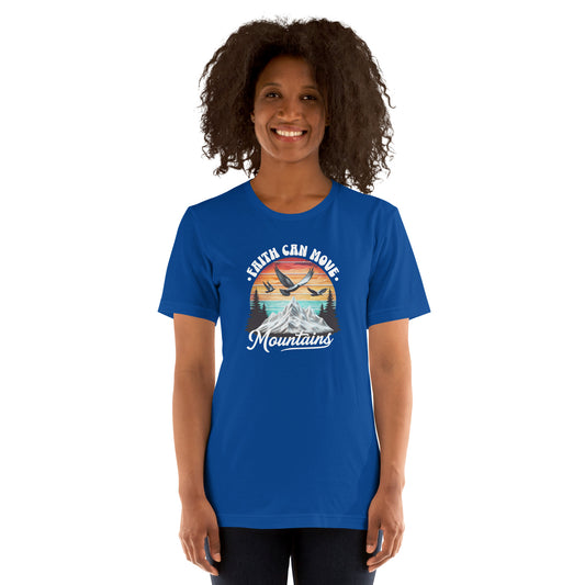 Woman wearing a blue t-shirt with a graphic design and text on a white background
