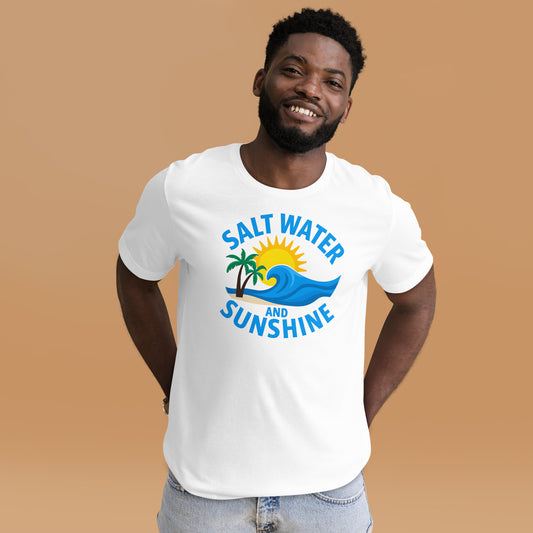 Man wearing a white t-shirt with 'Salt Water and Sunshine' design on a brown background