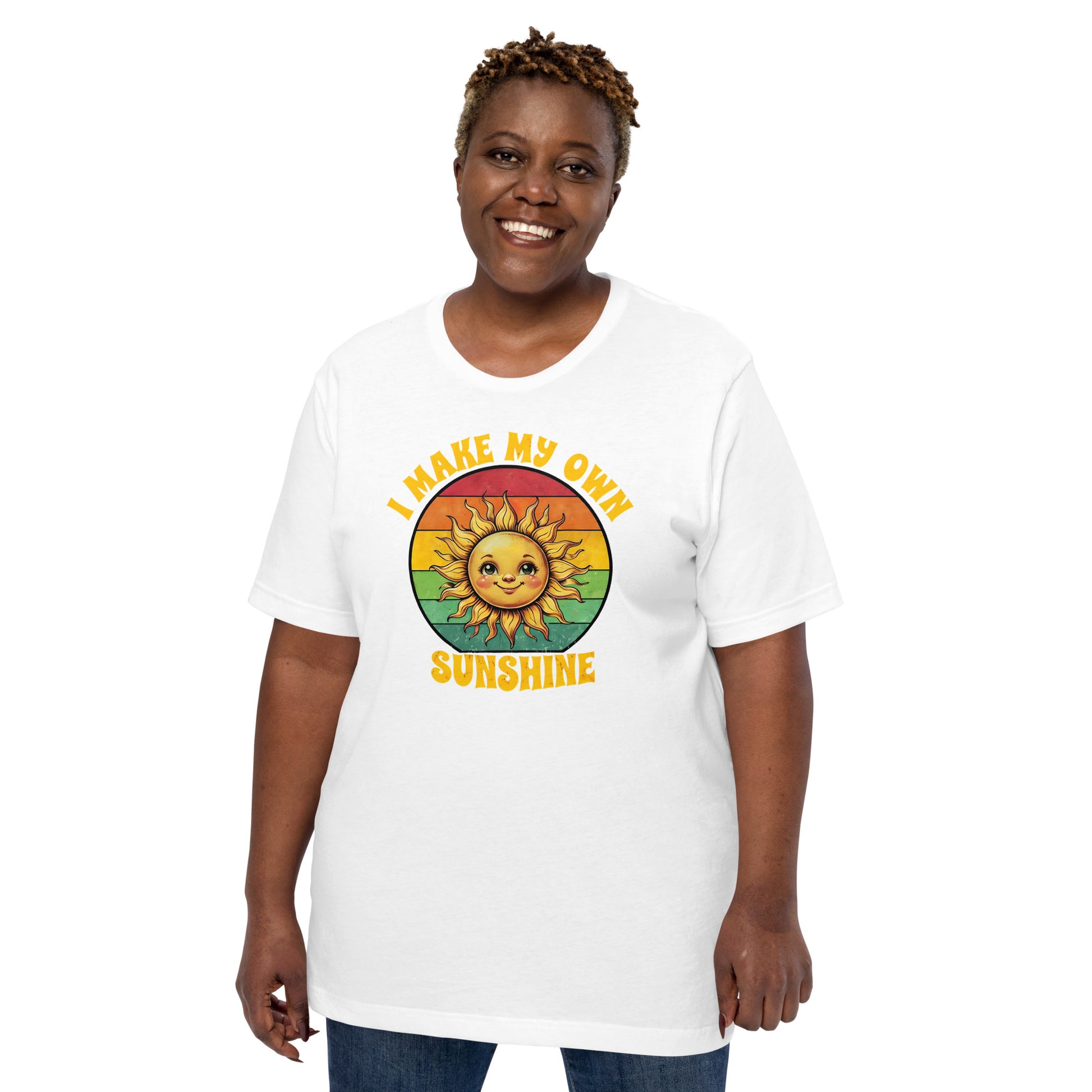 Person wearing a white t-shirt with a colorful sun graphic and text on a white background