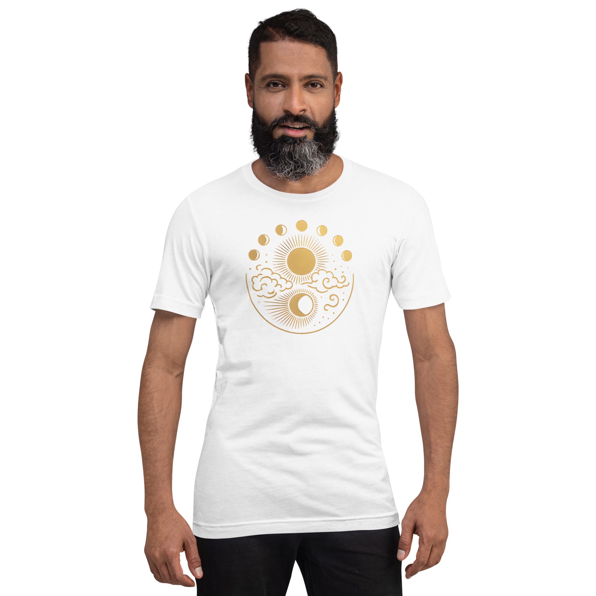 man wearing white Mystic Moon and Sun Shirt – Boho Celestial Moon Phase Tee