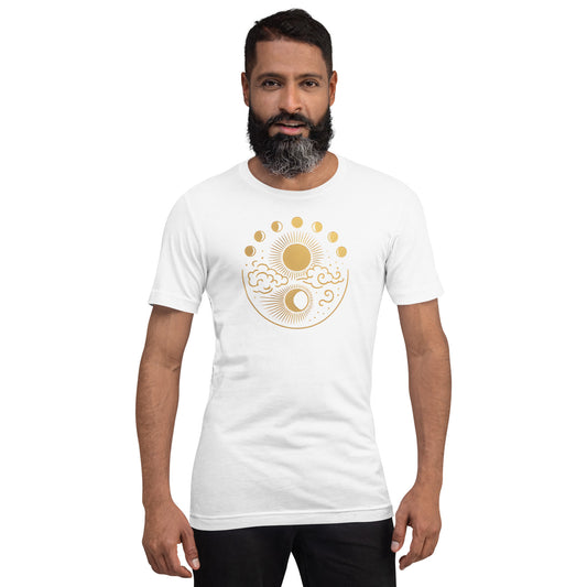 man wearing white Mystic Moon and Sun Shirt – Boho Celestial Moon Phase Tee