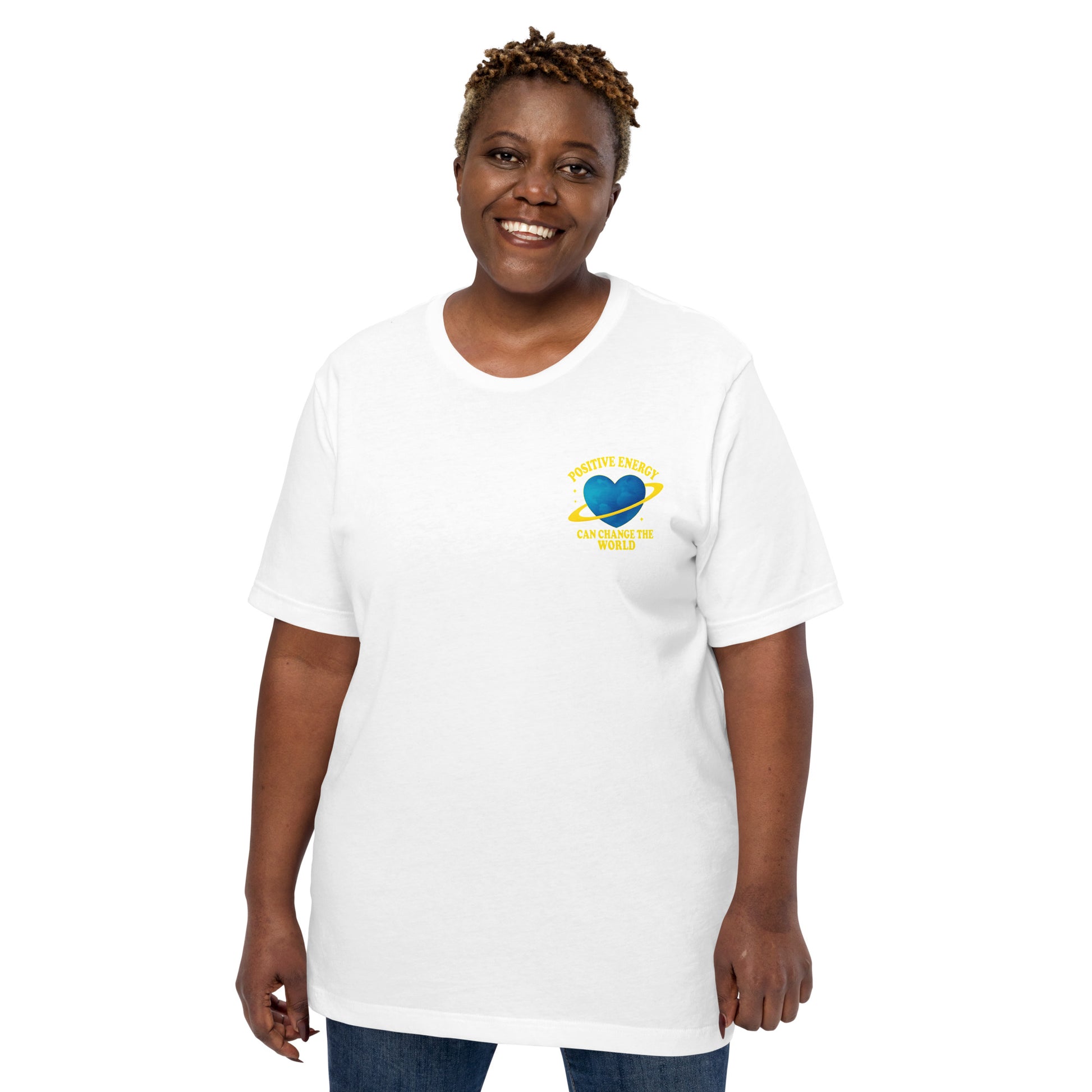 woman wearing white Positive Energy Heart Tee - Unisex Jersey T-Shirt