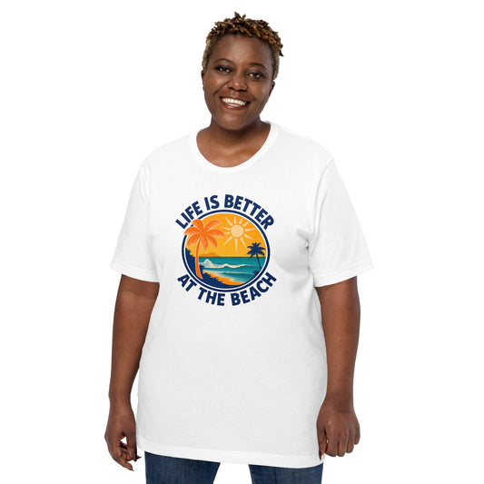 woman wearing white Life Is Better at the Beach T-Shirt – Relaxed Fit Coastal Vibes Tee