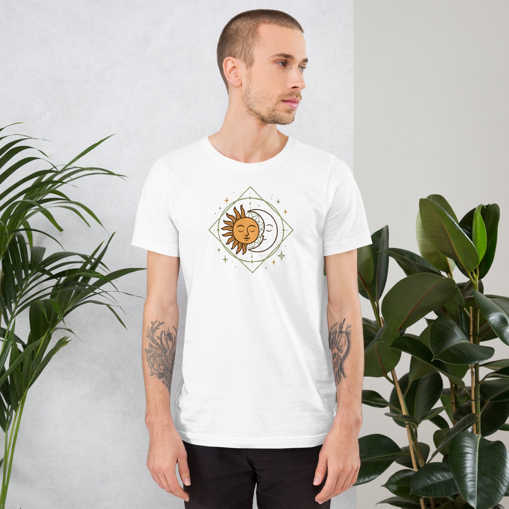 man wearing white Sun and Moon Graphic Tee – Unisex Celestial T-Shirt