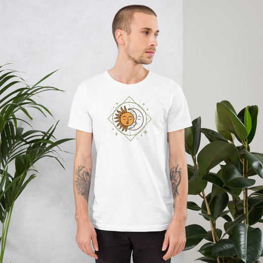 man wearing white Sun and Moon Graphic Tee – Unisex Celestial T-Shirt