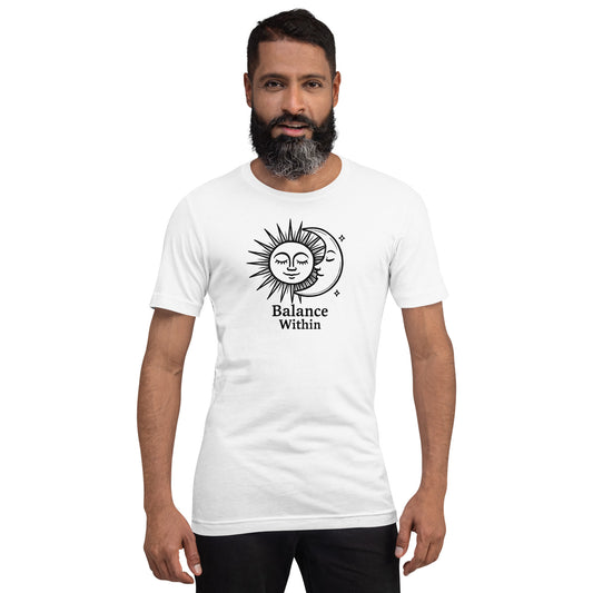 Man wearing a white t-shirt with a black graphic design and text on a white background