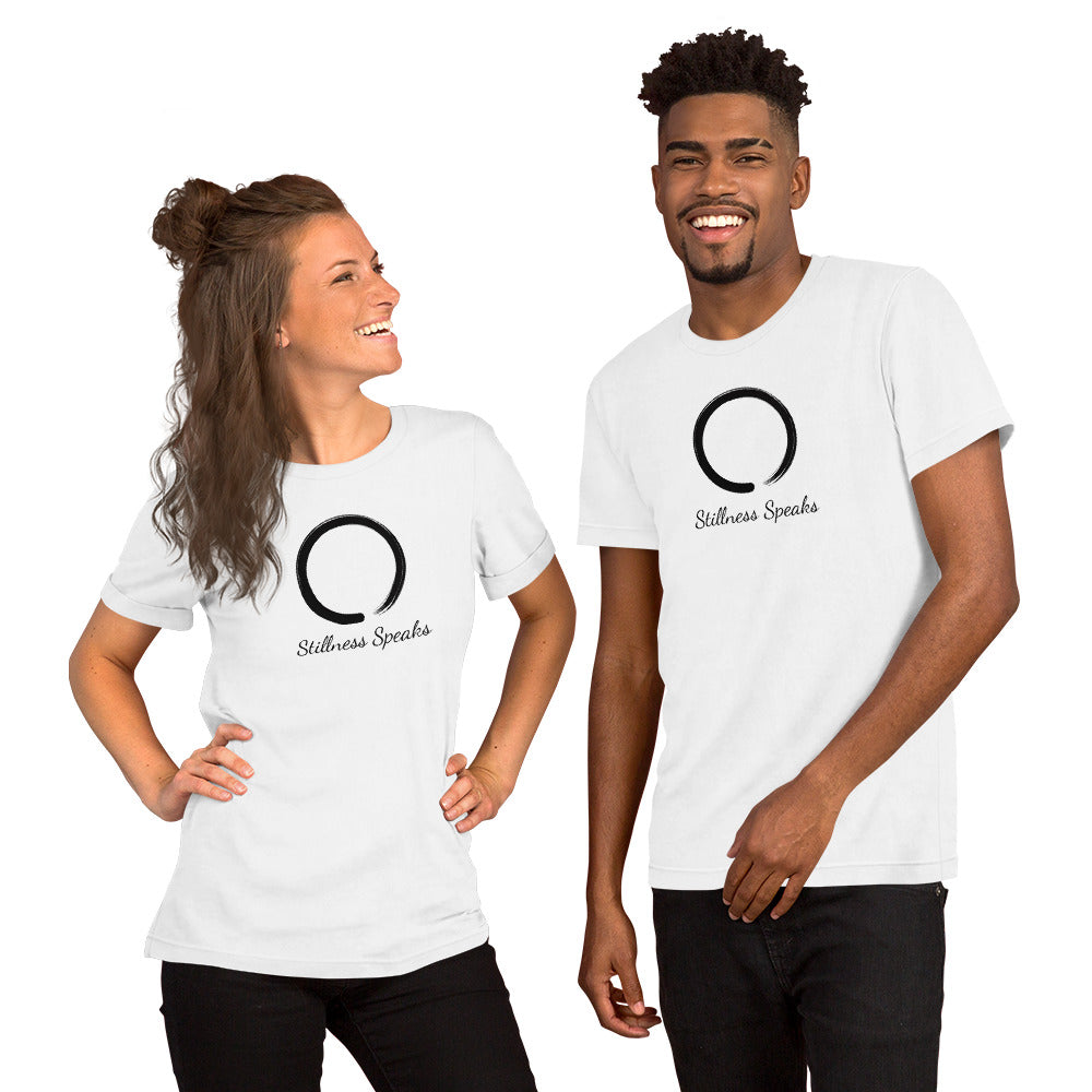 couple wearing white Stillness Speaks T-Shirt – Unisex Zen-Inspired Spiritual Tee