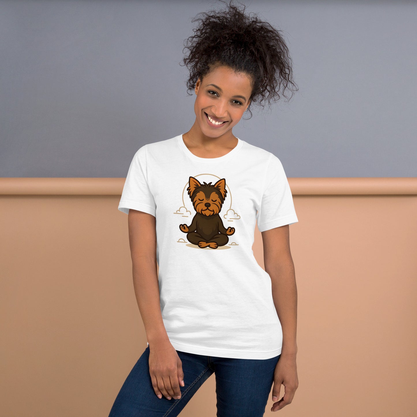woman wearing white Meditating Yorkie T-Shirt – Mindful Dog Lover Gift