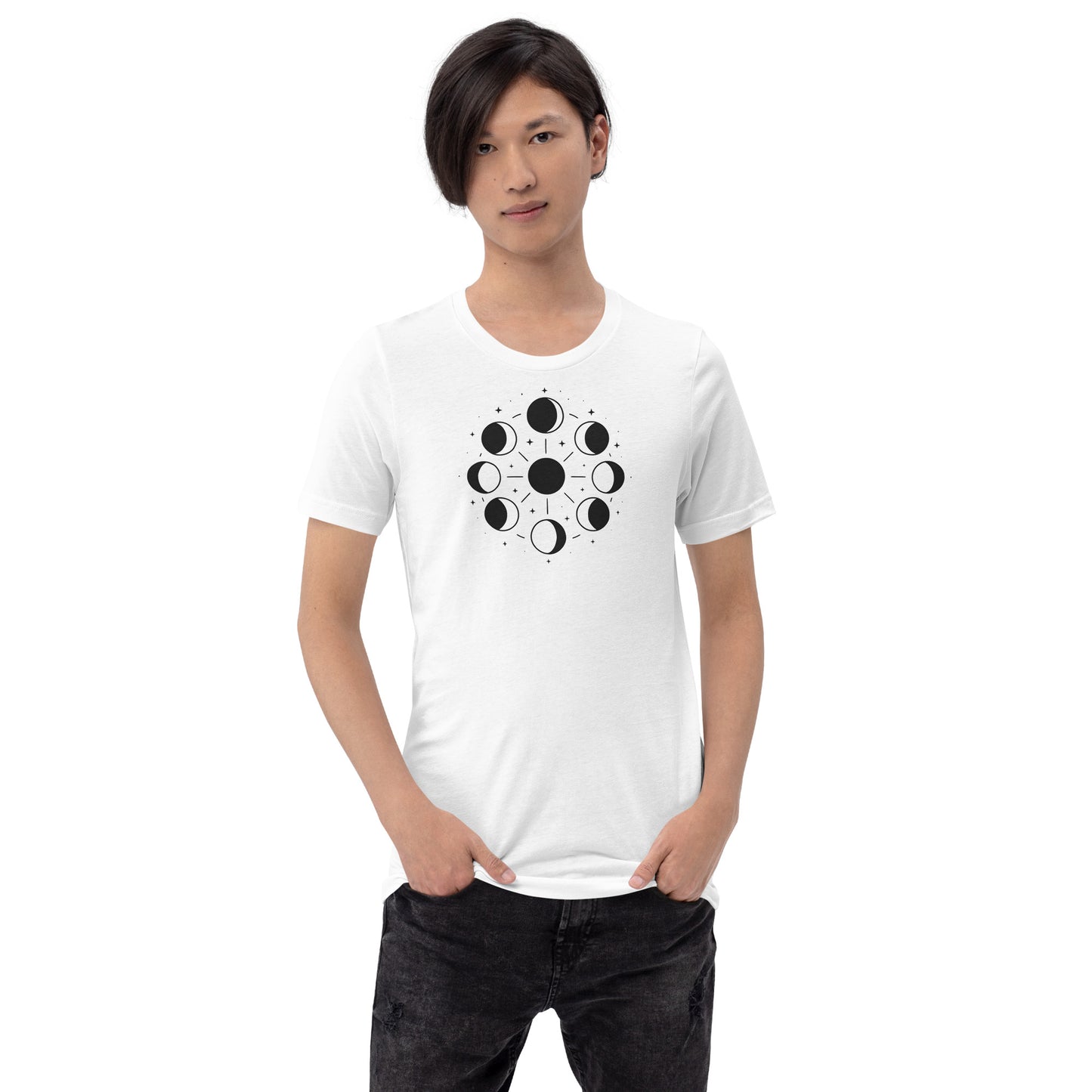 man wearing white Celestial Phases Tee – Unisex Moon Phase Shirt for Astrology Lovers