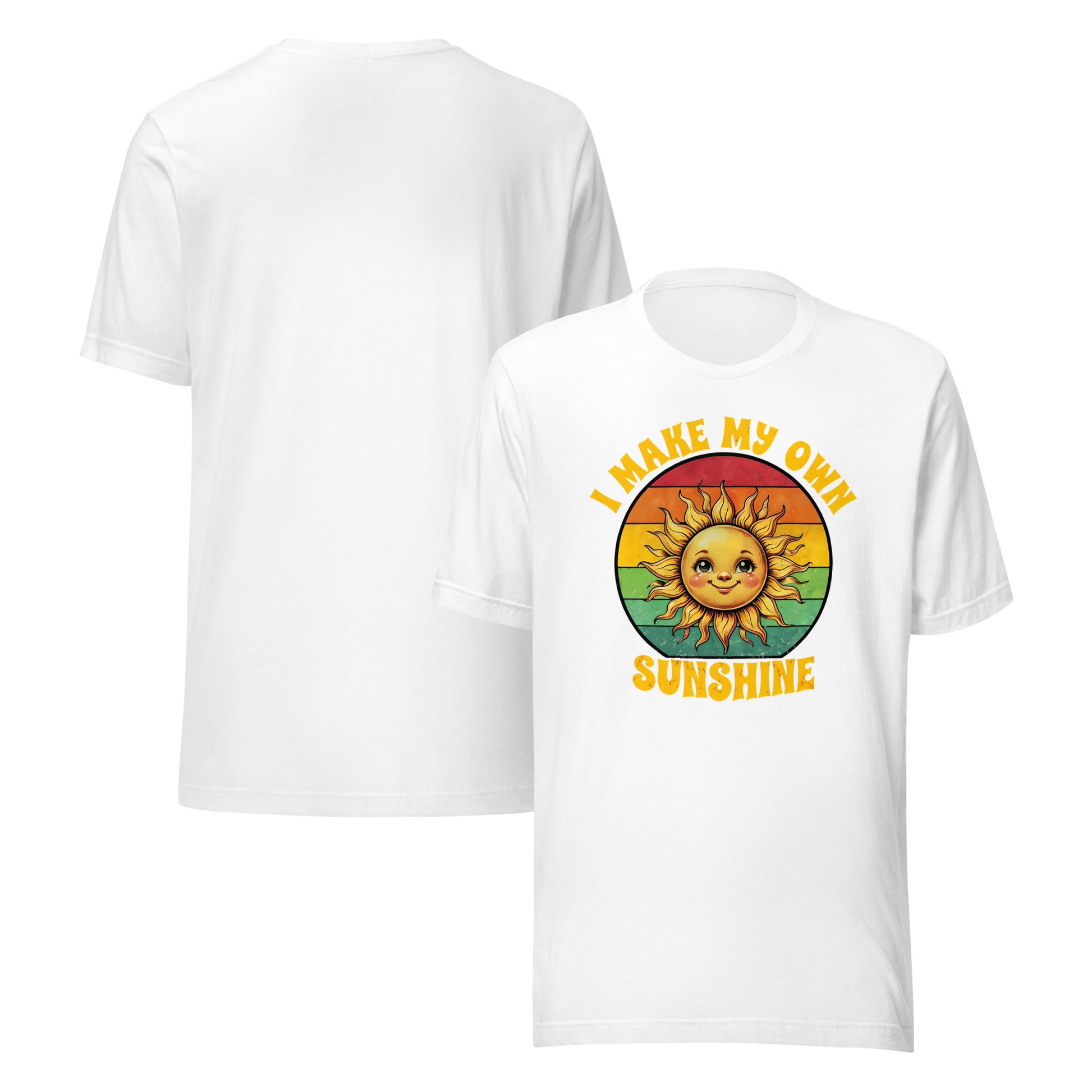 White t-shirt with a sun graphic and text 'I Make My Own Sunshine' on a white background