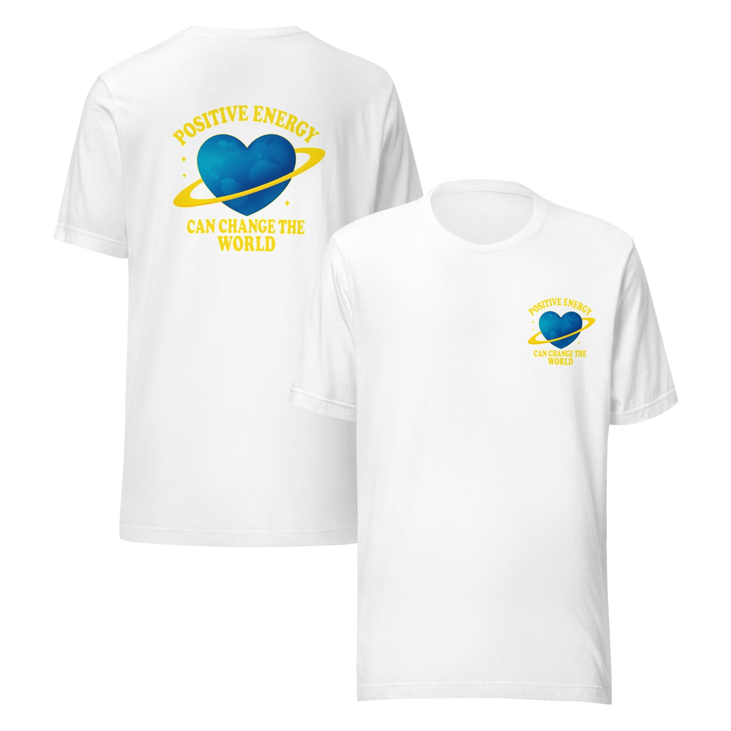 front and back of white Positive Energy Heart Tee - Unisex Jersey T-Shirt