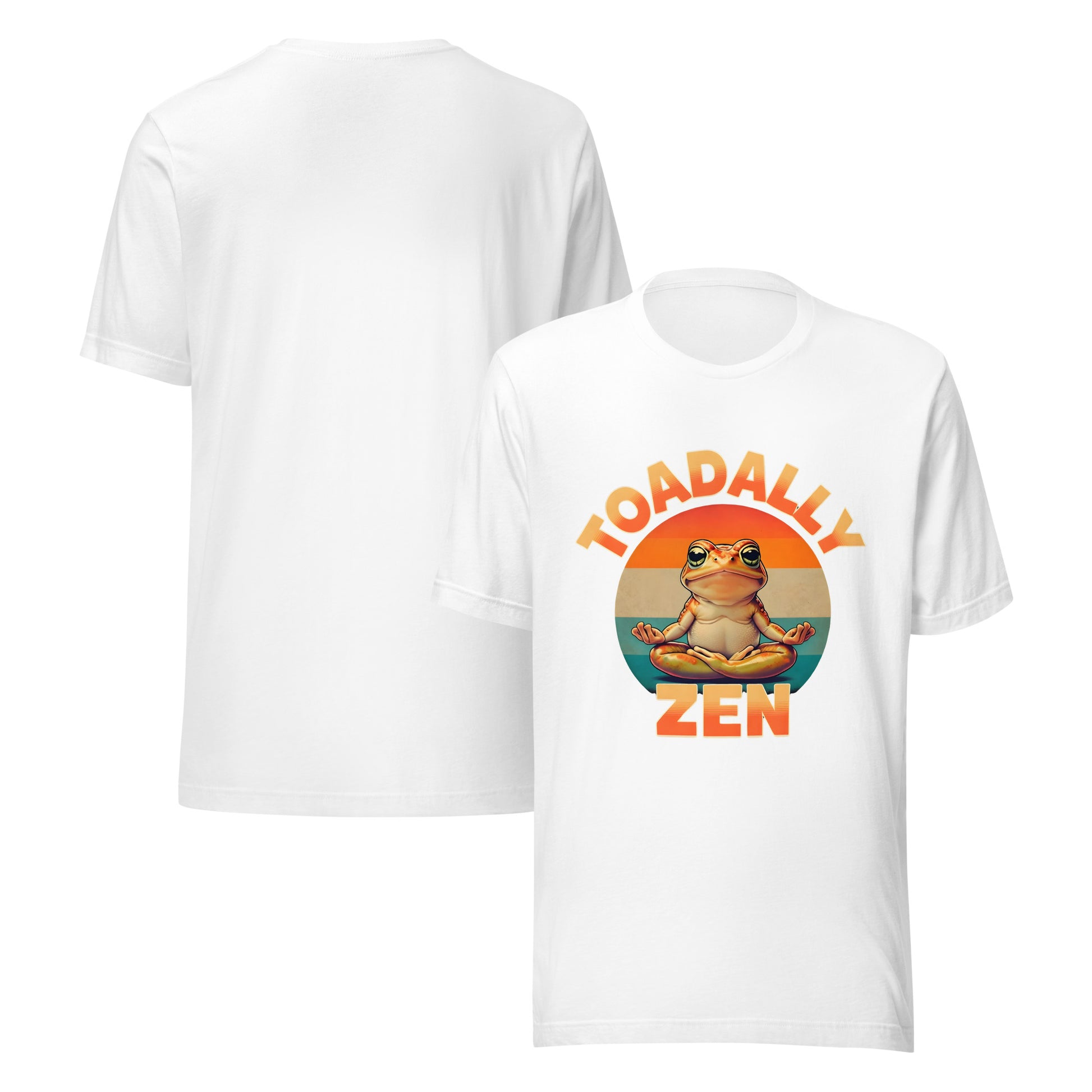 White t-shirt with 'Toadally Zen' graphic design on a white background