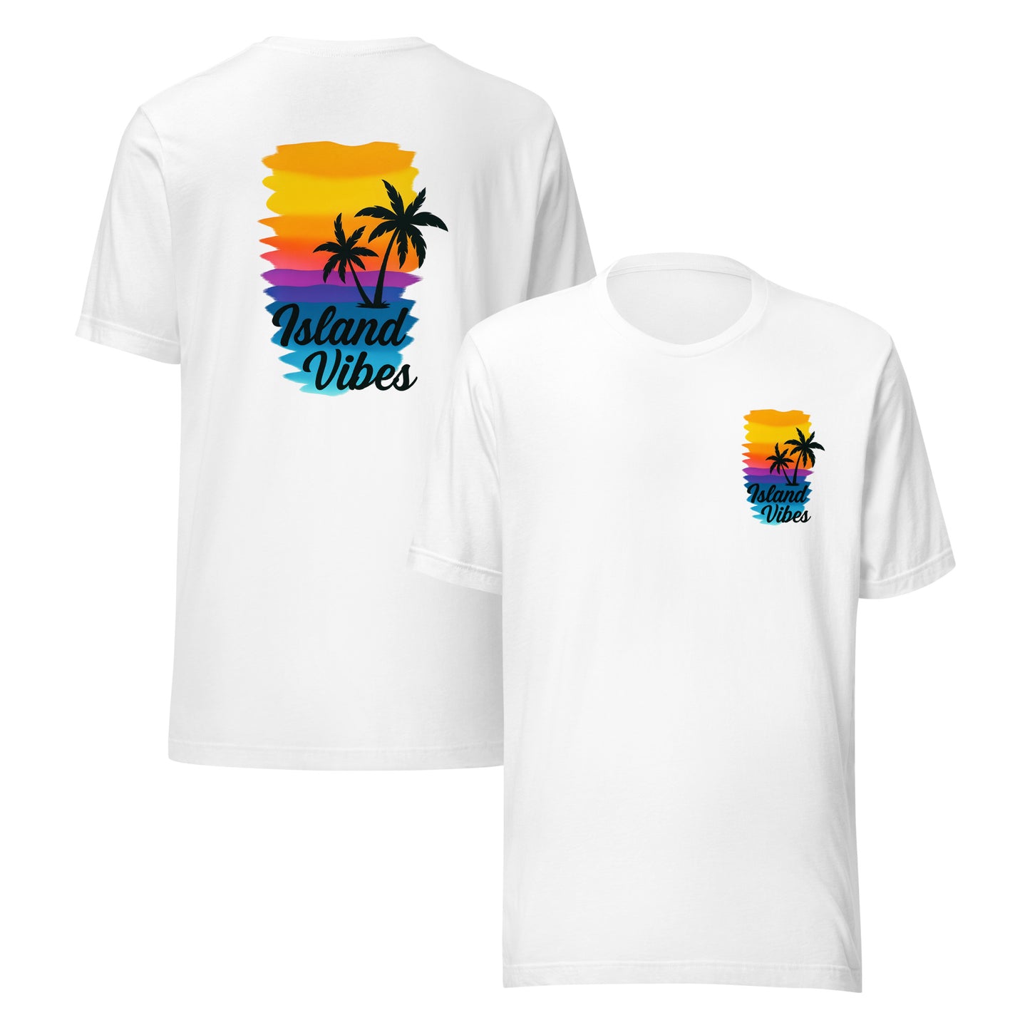 front and back of white Unisex Island Vibes t-shirt with tropical graphic, perfect for summer, beach days, and vacation wear