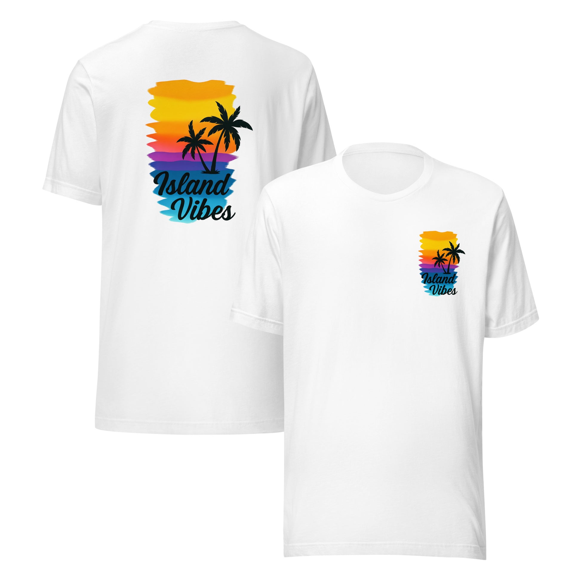 front and back of white Unisex Island Vibes t-shirt with tropical graphic, perfect for summer, beach days, and vacation wear
