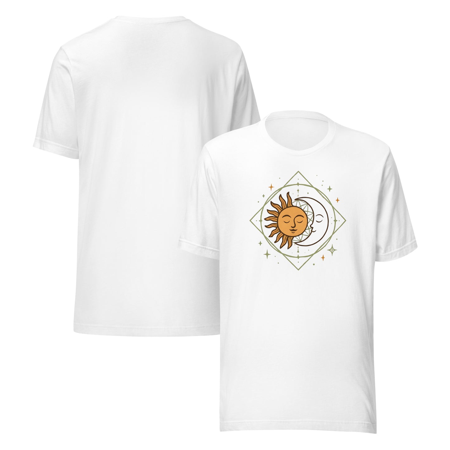 front and back of white Sun and Moon Graphic Tee – Unisex Celestial T-Shirt