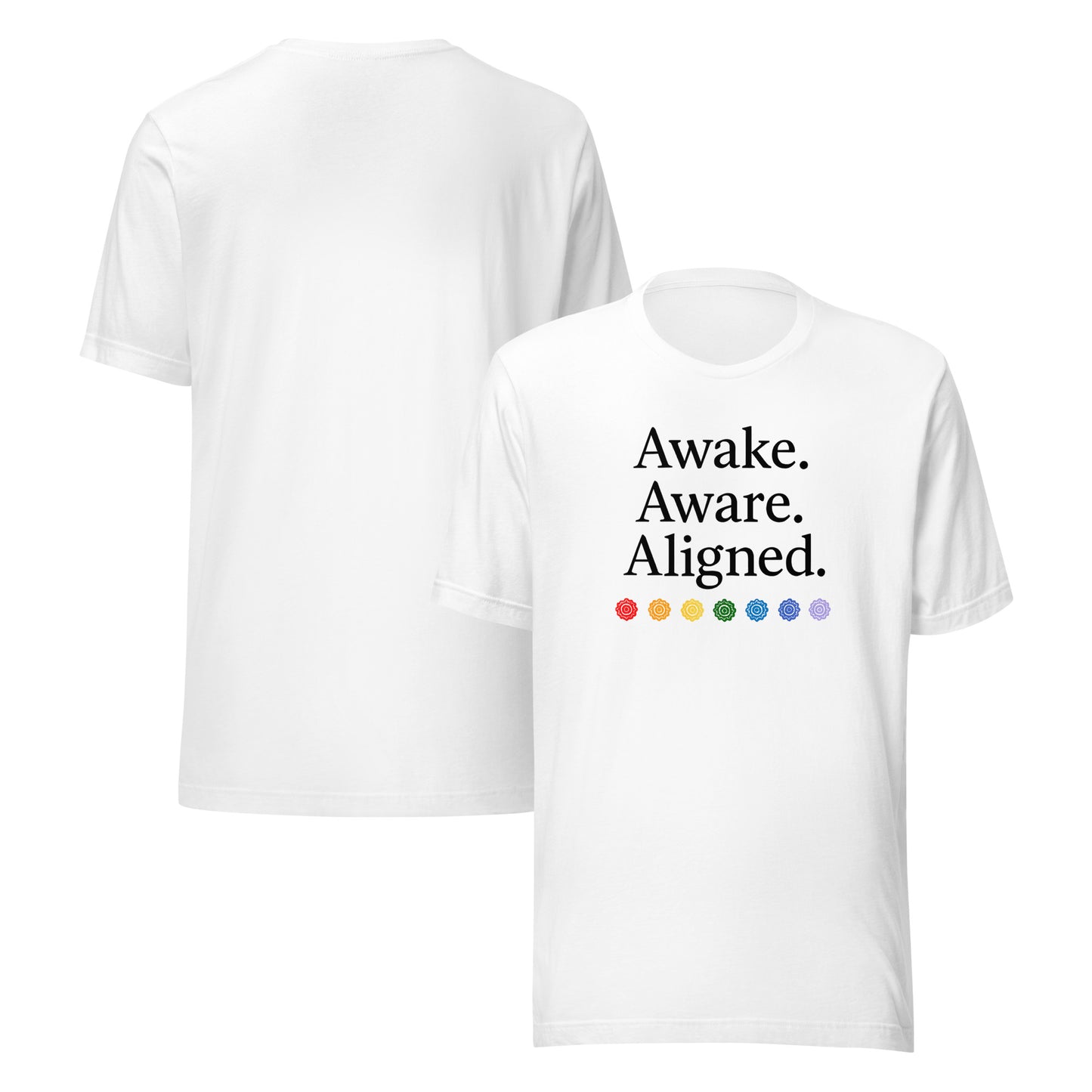 front and back of white Awake. Aware. Aligned. Unisex Jersey T-Shirt – Mindful Statement Tee