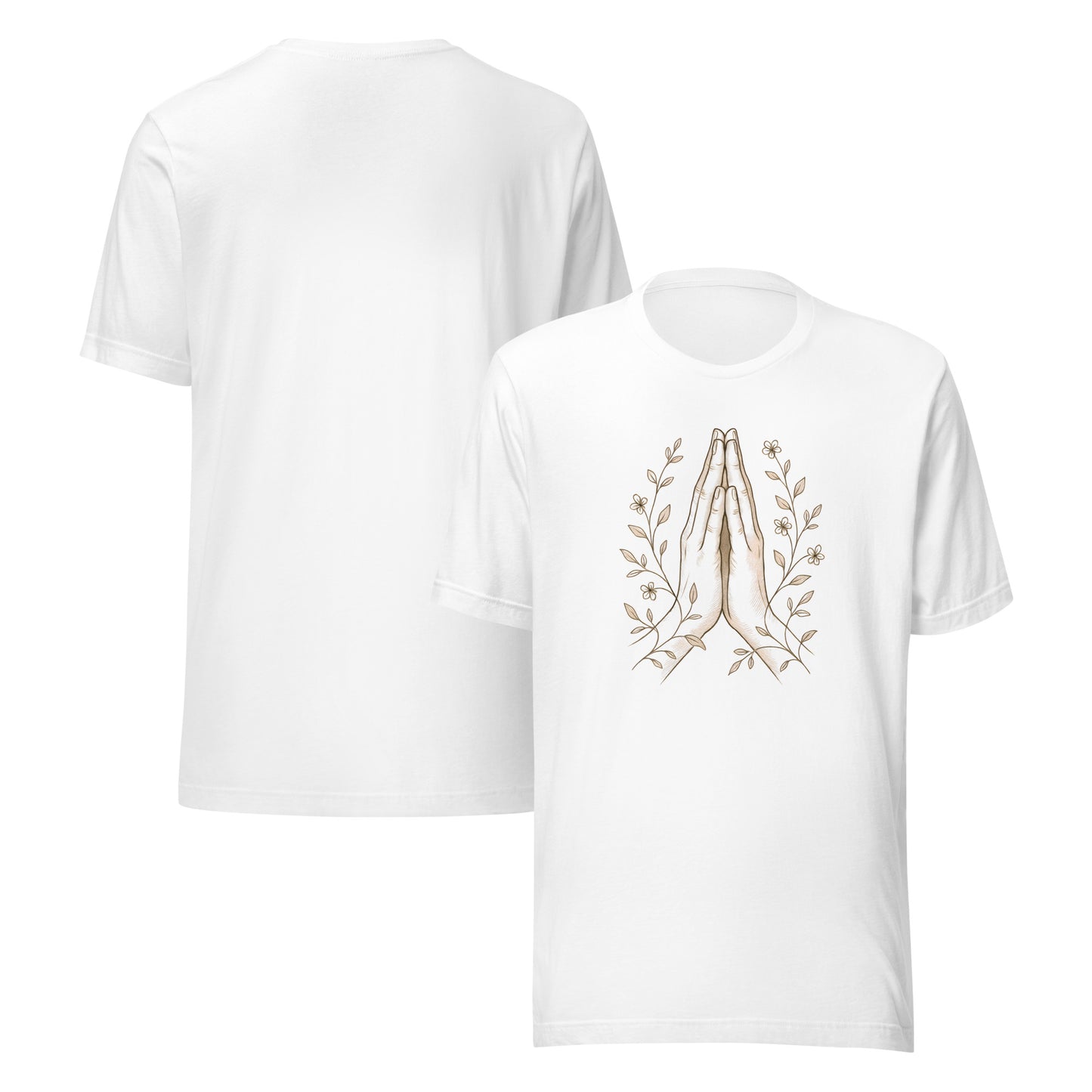 front and back of white Namaste Hands T-Shirt – Unisex Spiritual Tee with Floral Design