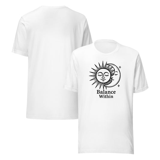 White t-shirt with 'Balance Within' design on a white background