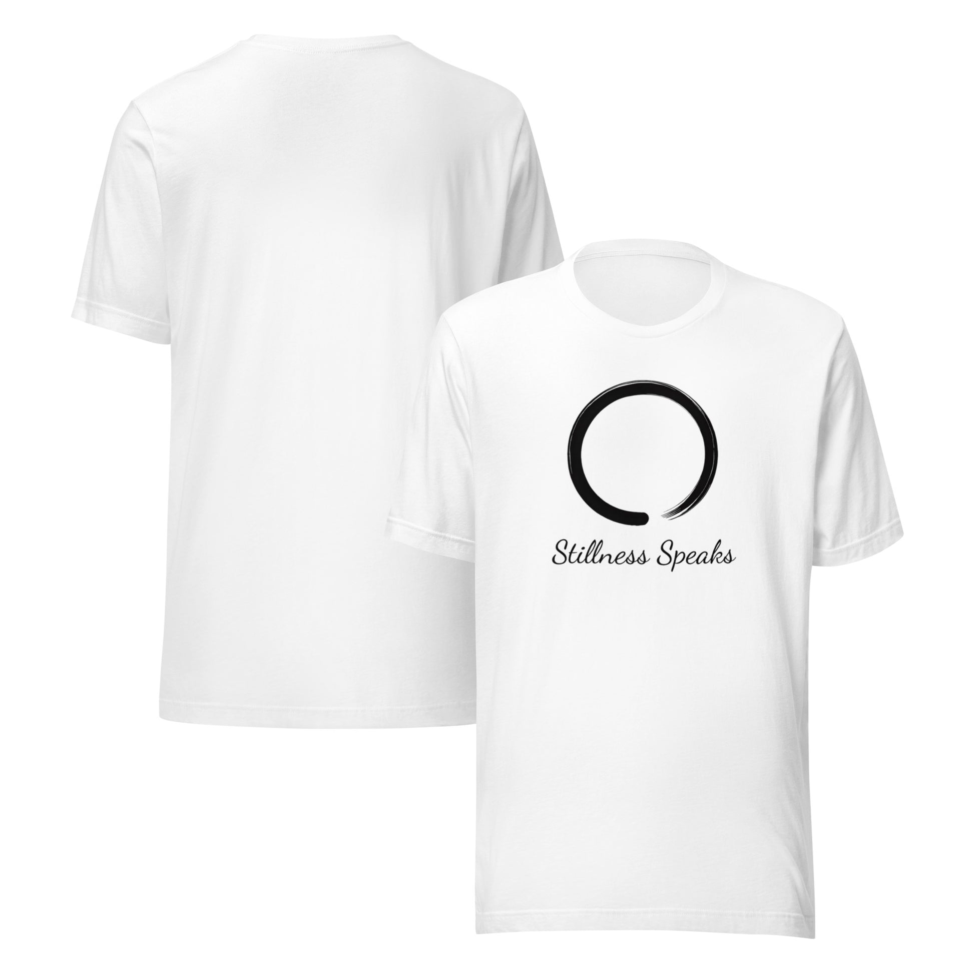 front and back of white Stillness Speaks T-Shirt – Unisex Zen-Inspired Spiritual Tee