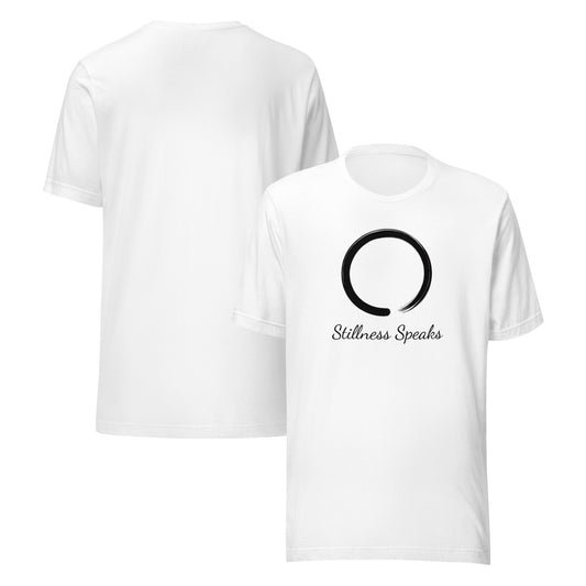 front and back of white Stillness Speaks T-Shirt – Unisex Zen-Inspired Spiritual Tee