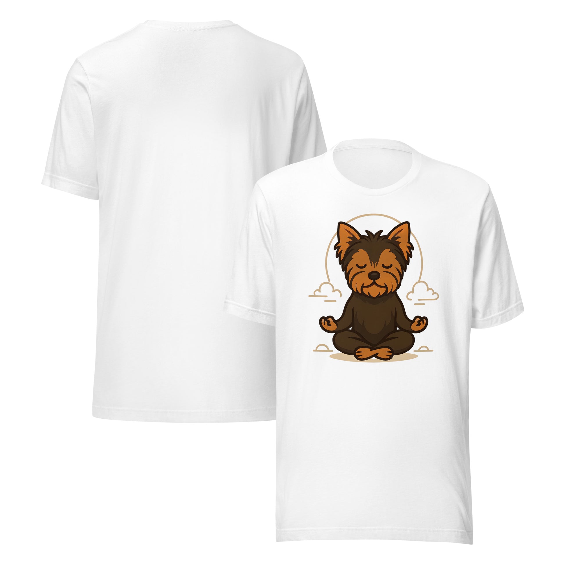 front and back of white Meditating Yorkie T-Shirt – Mindful Dog Lover Gift