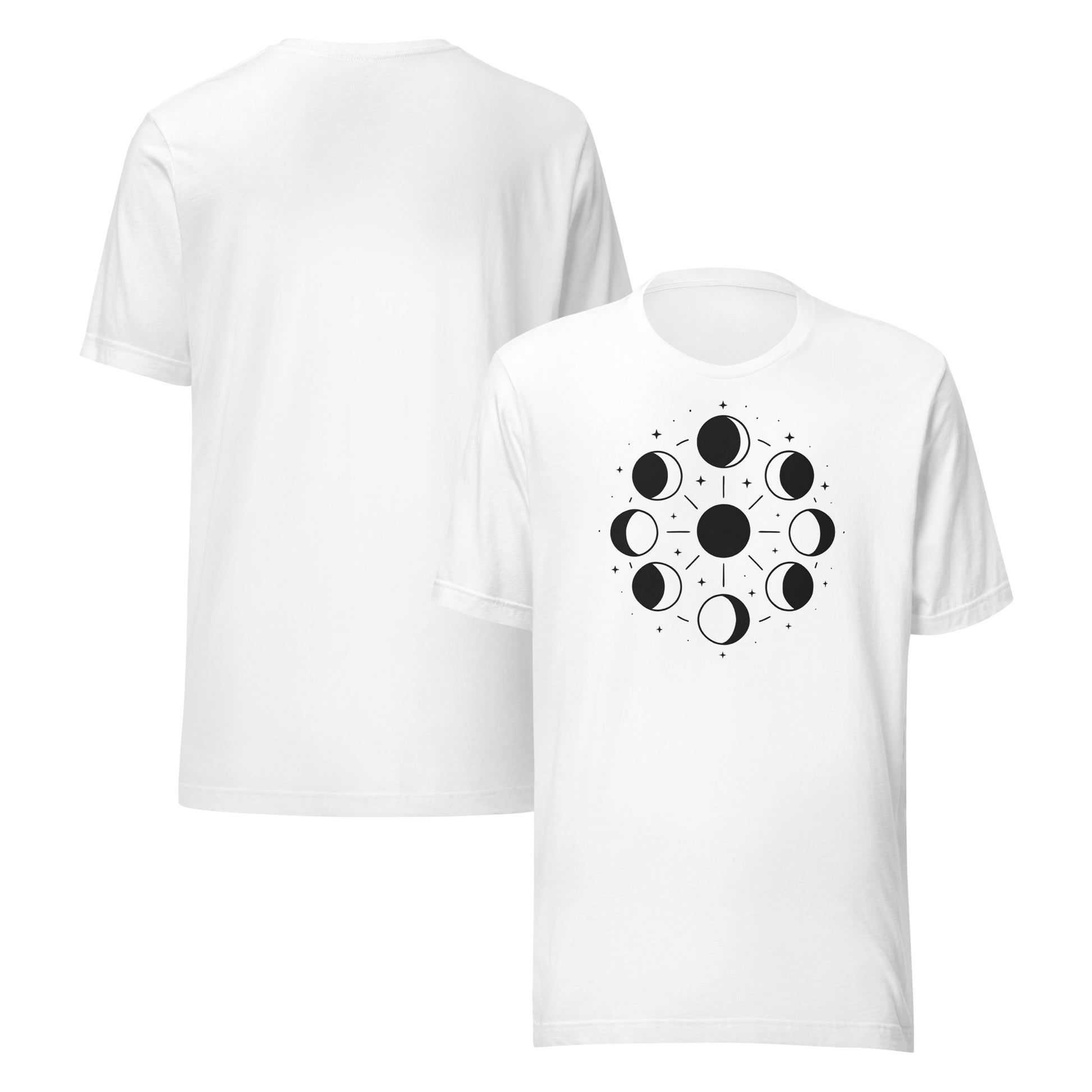 front and back of white Celestial Phases Tee – Unisex Moon Phase Shirt for Astrology Lovers