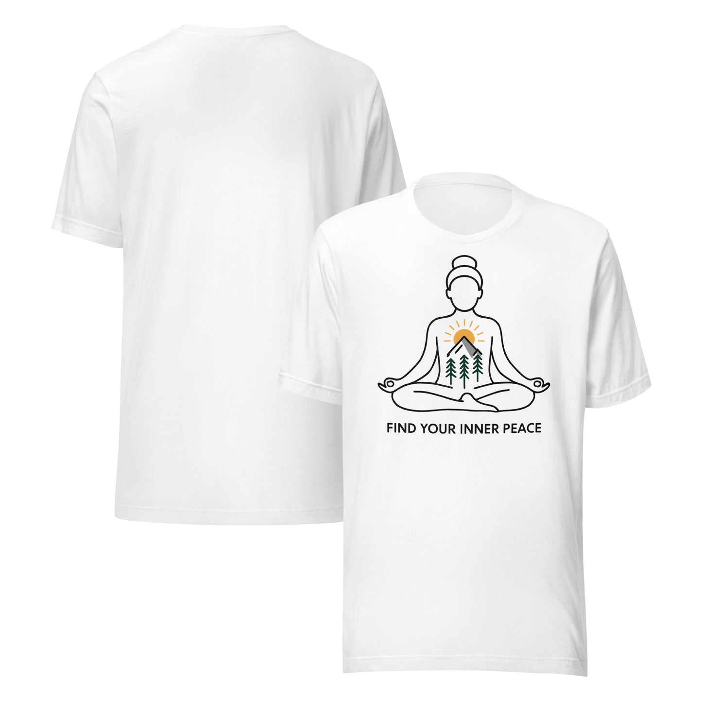 front and back of white Find Your Inner Peace – Mountain Zen Tee | Unisex Meditation Shirt