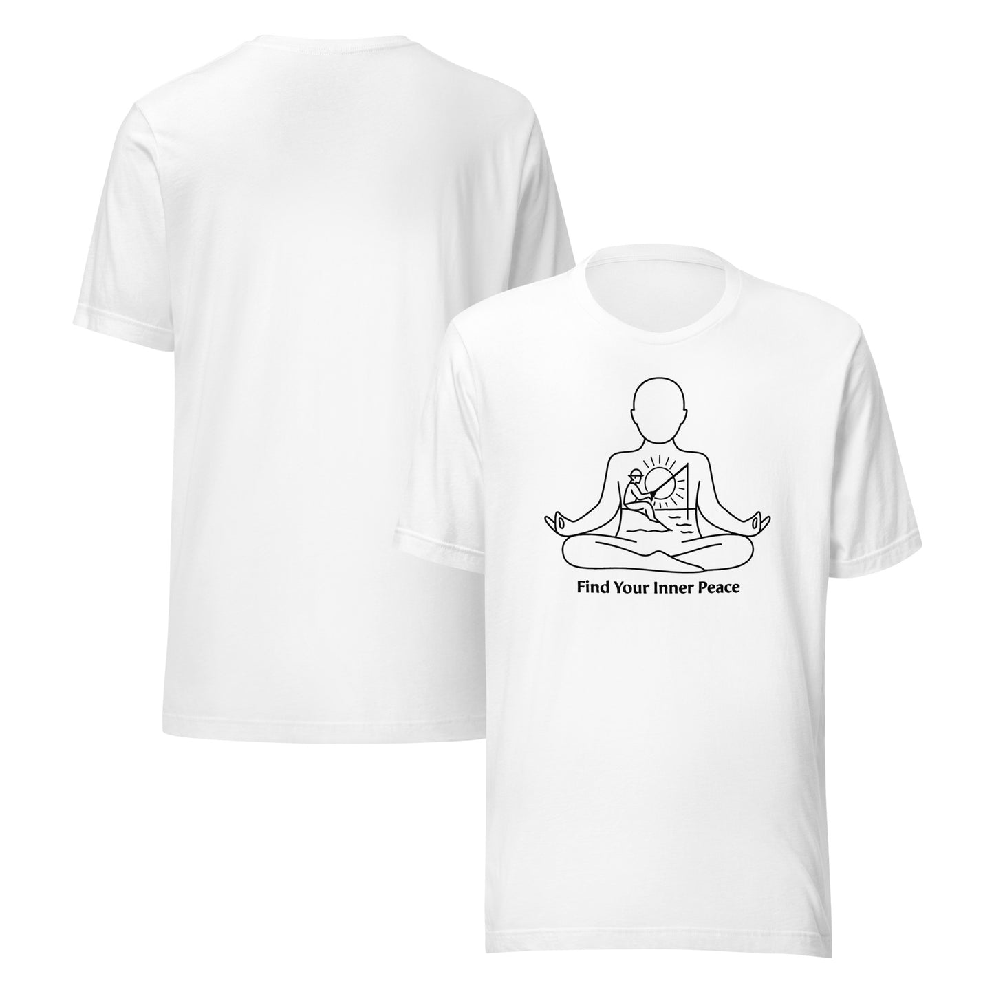 front and back of white Find Your Inner Peace Fishing Tee – Men’s Fishing Graphic Shirt