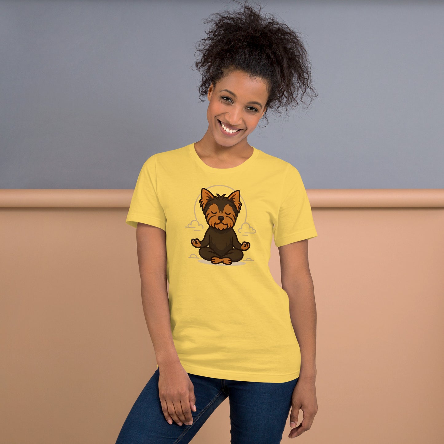 woman wearing yellow Meditating Yorkie T-Shirt – Mindful Dog Lover Gift