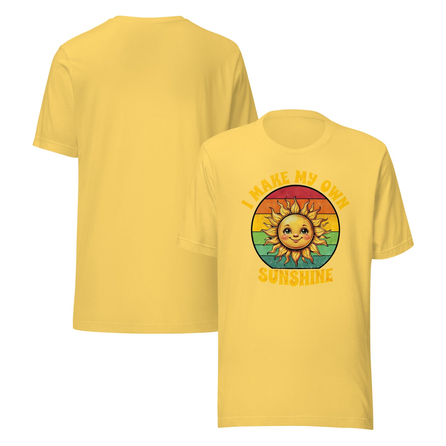 Yellow t-shirt with a sun graphic and text 'Make my own sunshine' on a white background