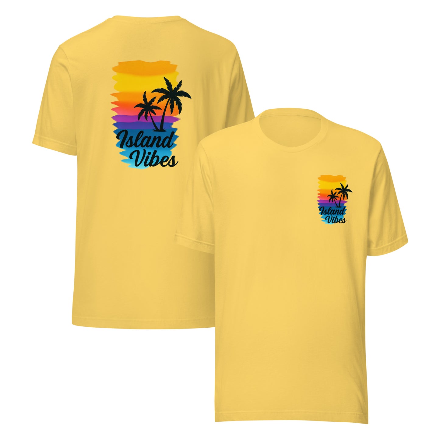 front and back of yellow Unisex Island Vibes t-shirt with tropical graphic, perfect for summer, beach days, and vacation wear