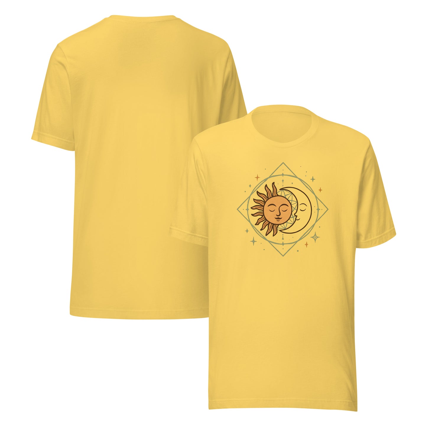front and back of yellow Sun and Moon Graphic Tee – Unisex Celestial T-Shirt