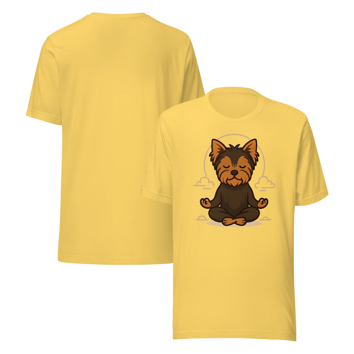 front and back of yellow Meditating Yorkie T-Shirt – Mindful Dog Lover Gift