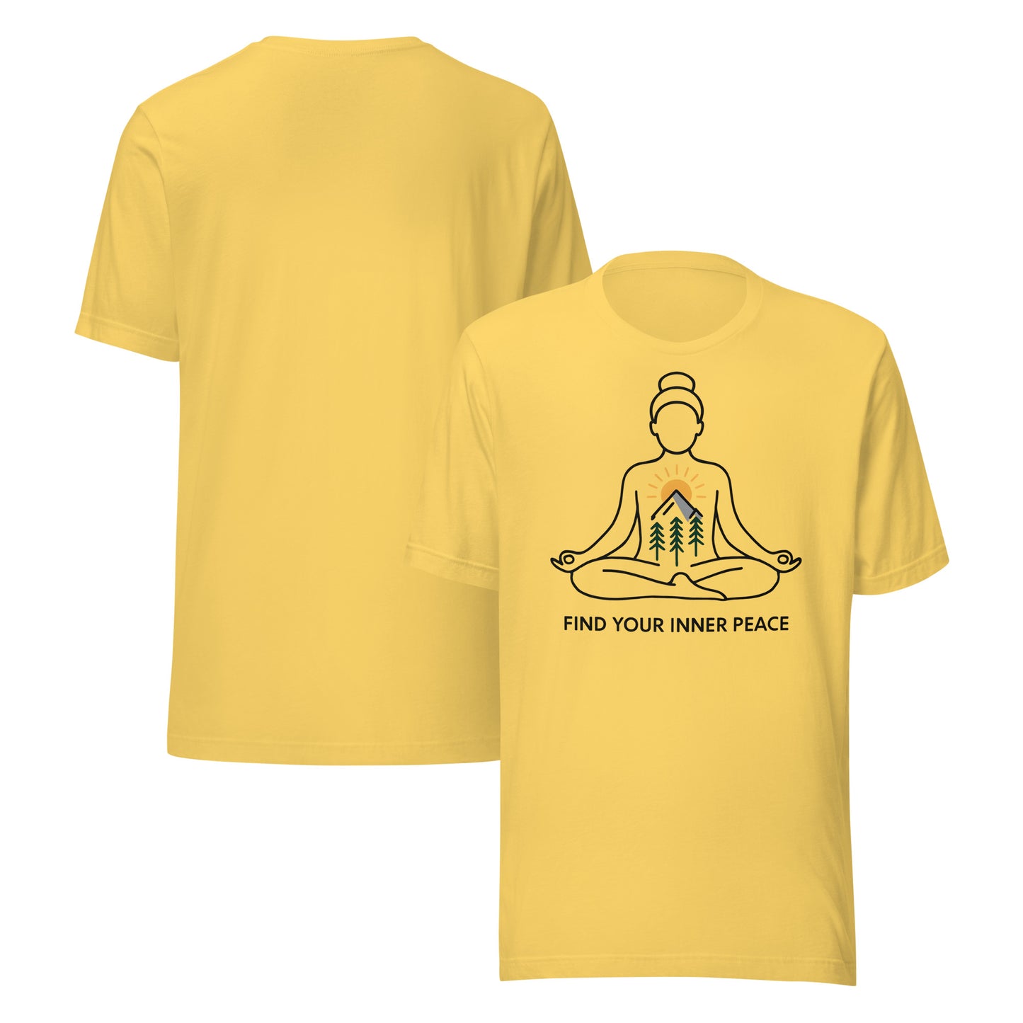front and back of yellow Find Your Inner Peace – Mountain Zen Tee | Unisex Meditation Shirt