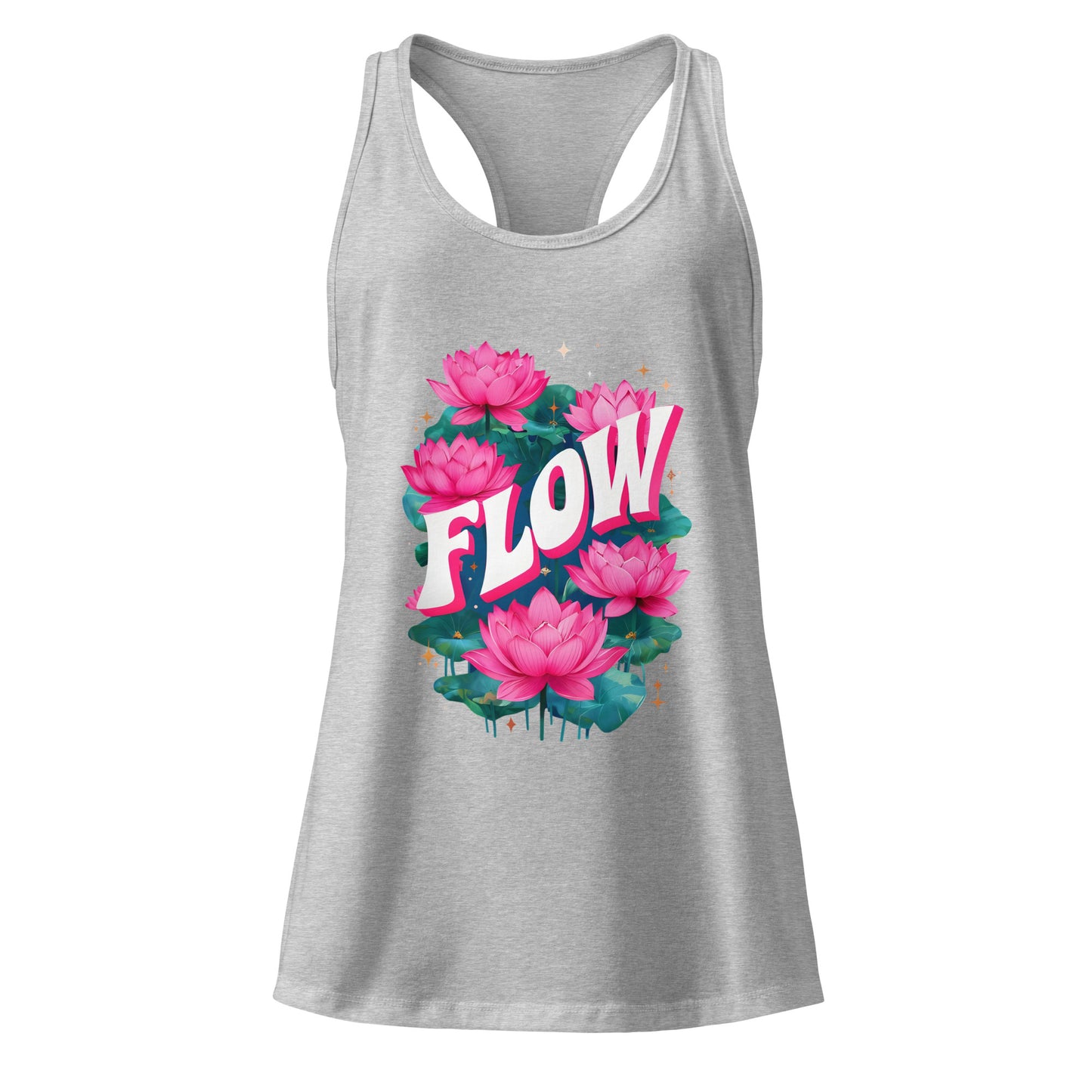 Gray tank top with pink floral design and 'FLOW' text on a white background