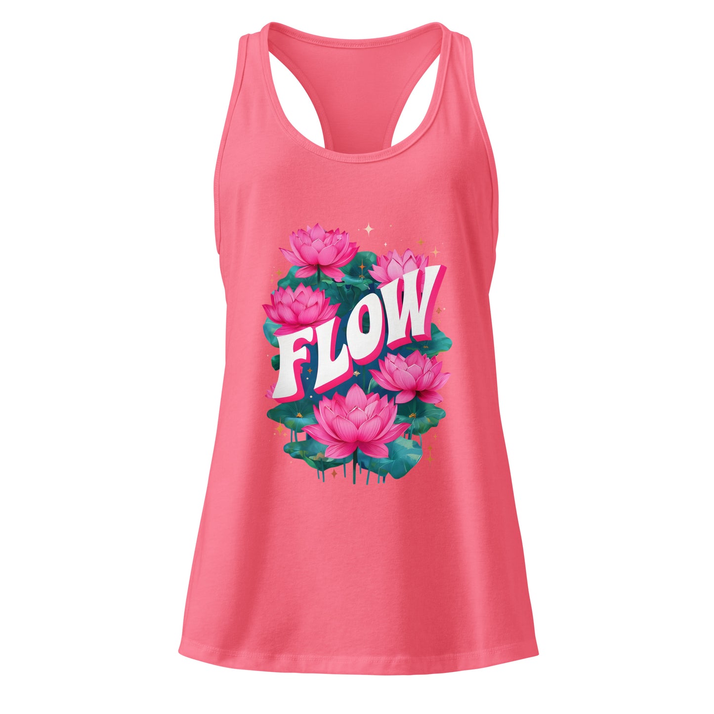 Pink tank top with floral design and 'FLOW' text on a white background
