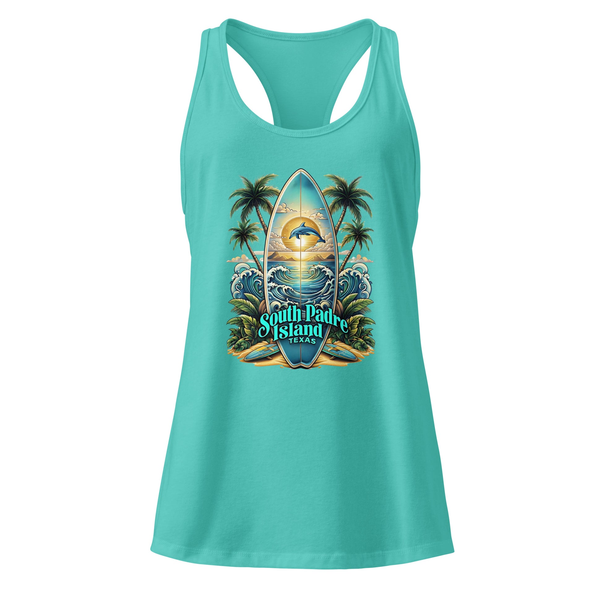 Turquoise tank top with a tropical graphic design on a white background