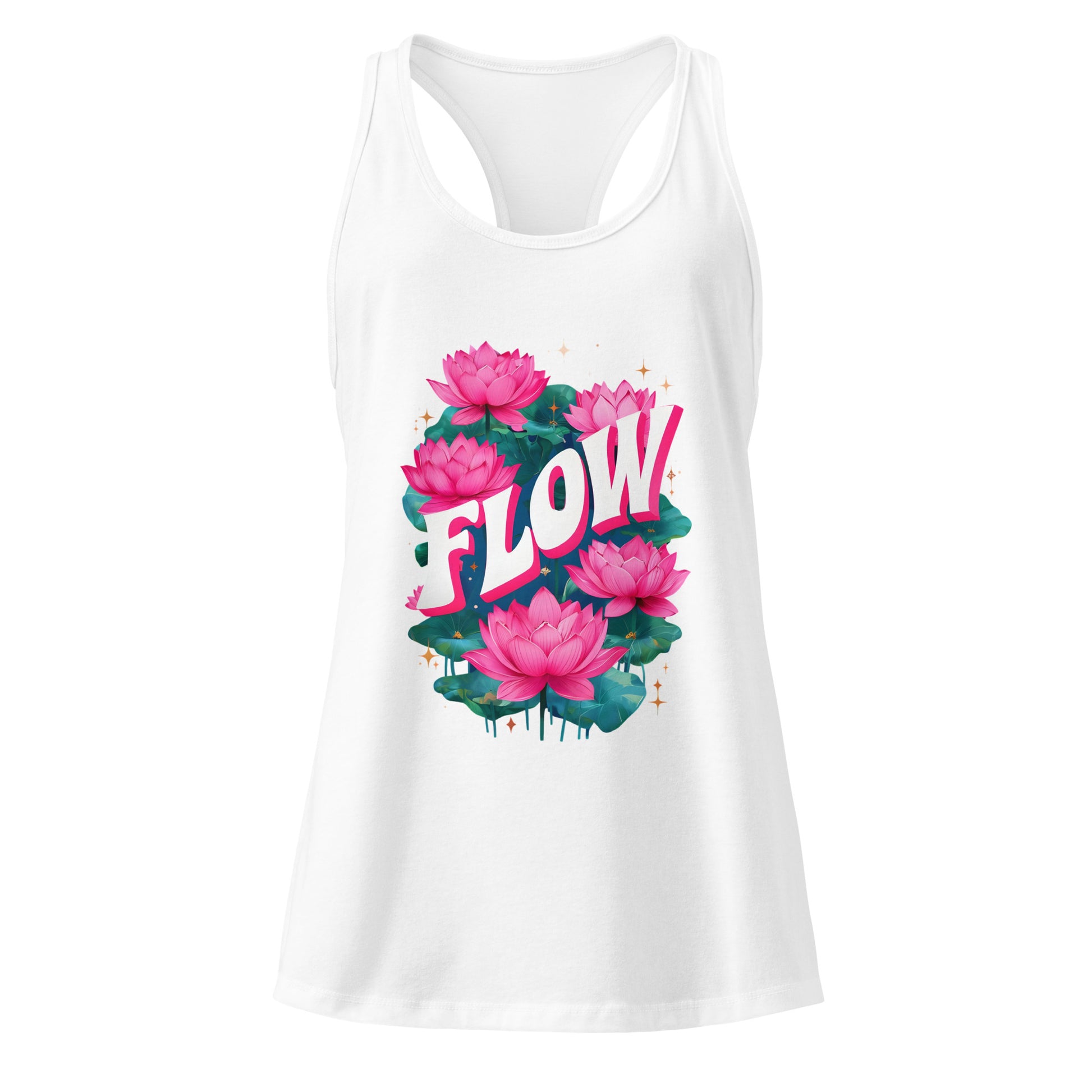 White tank top with pink floral design and 'FLOW' text on a white background